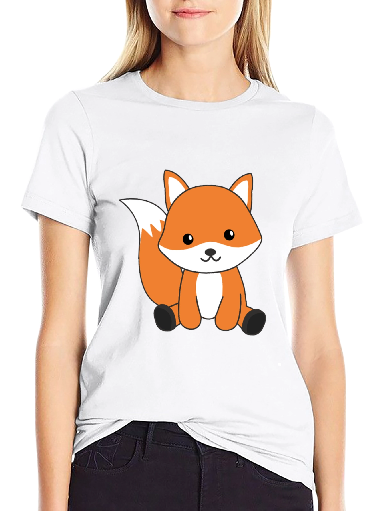 Cute Cartoon Fox Graphic T-Shirt - Black Cotton Tee