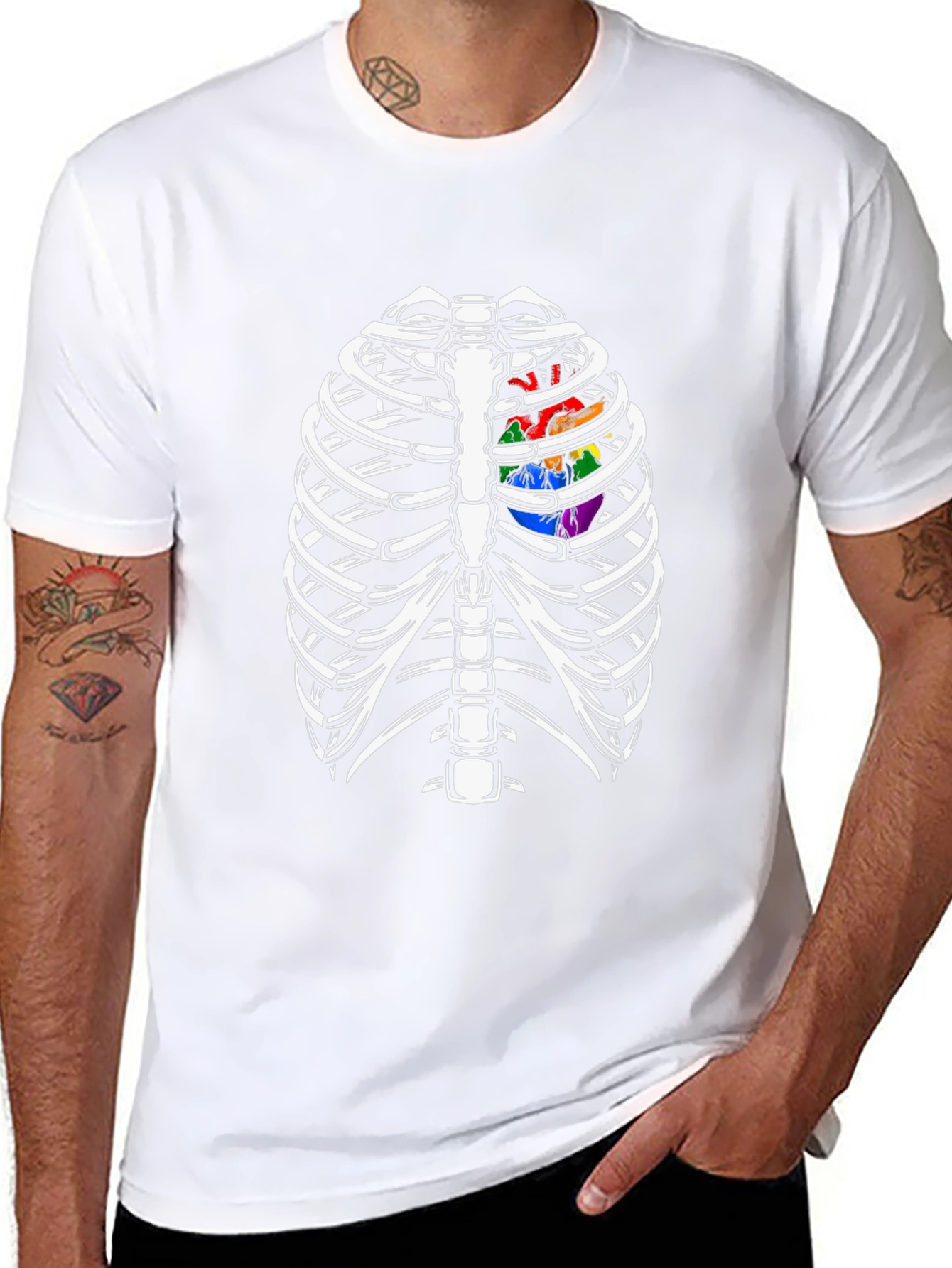 Skeleton Rib Cage with Rainbow Heart Graphic T-Shirt