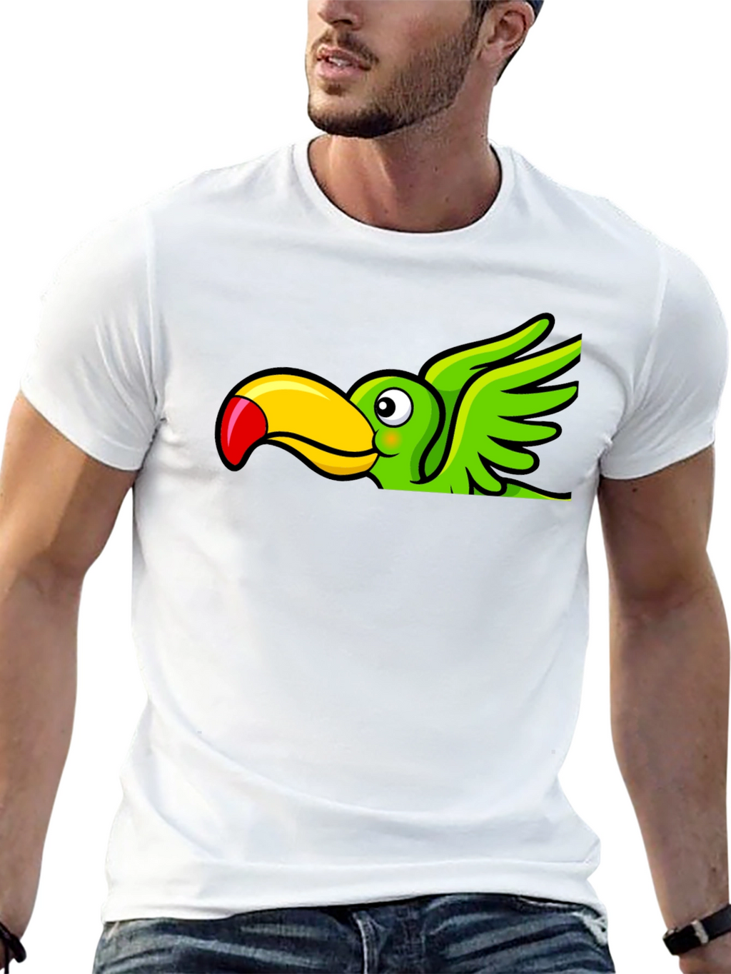 Cartoon Toucan Bird Graphic Tee - Black Cotton Blend