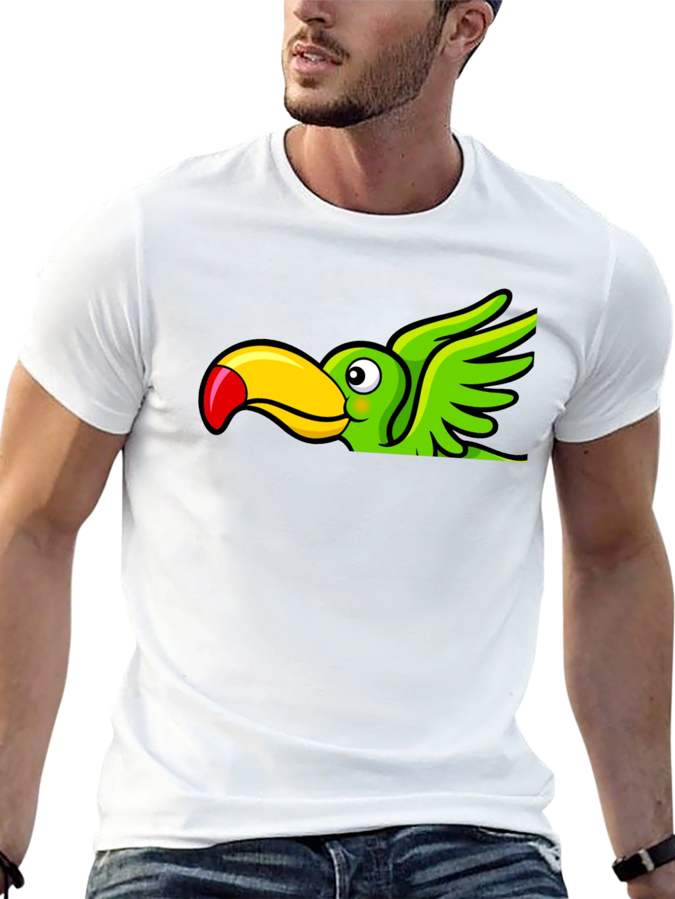 Cartoon Toucan Bird Graphic Tee - Black Cotton Blend