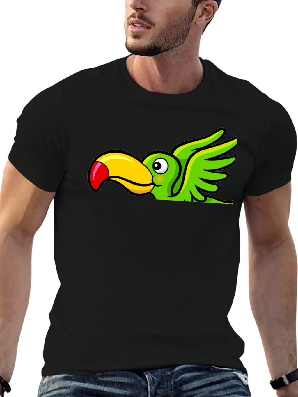 Cartoon Toucan Bird Graphic Tee - Black Cotton Blend