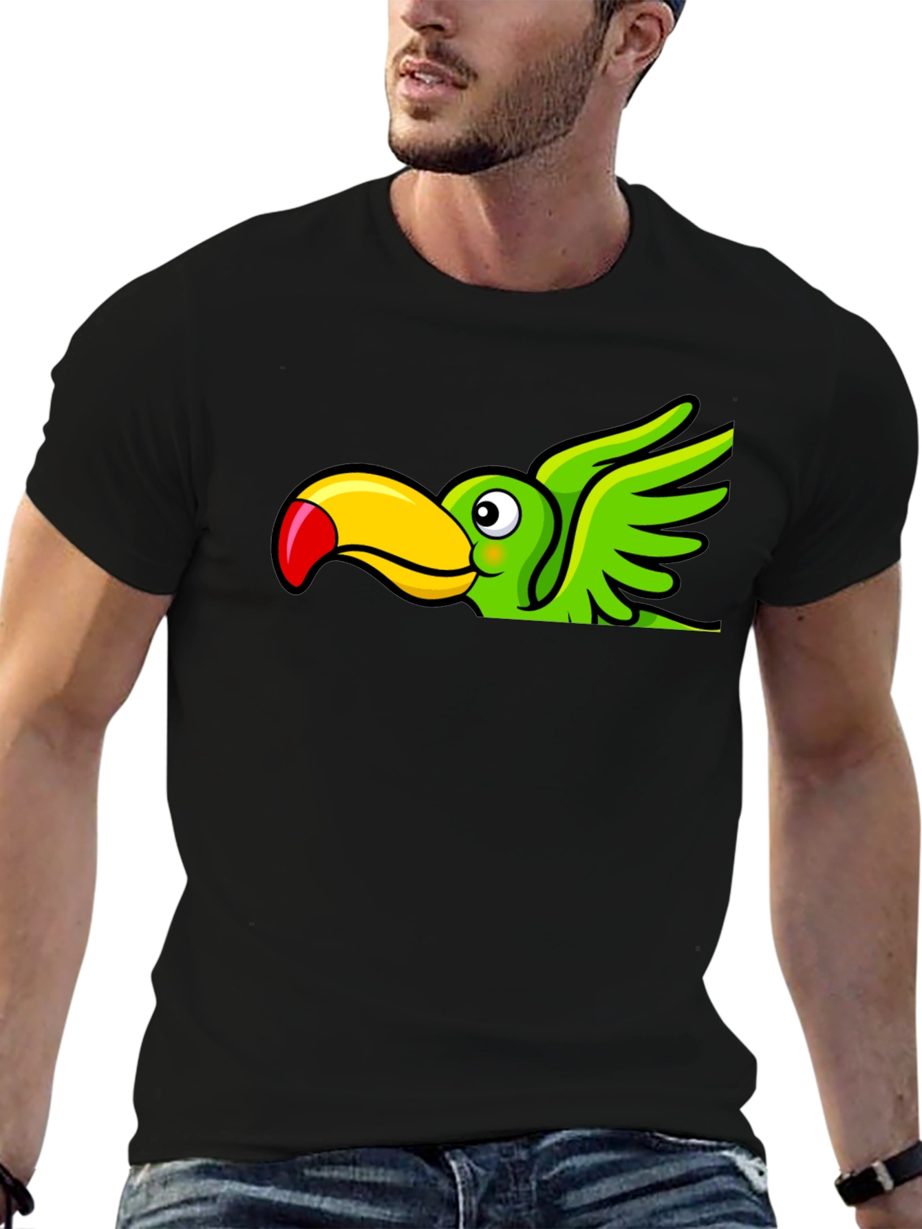 Cartoon Toucan Bird Graphic Tee - Black Cotton Blend