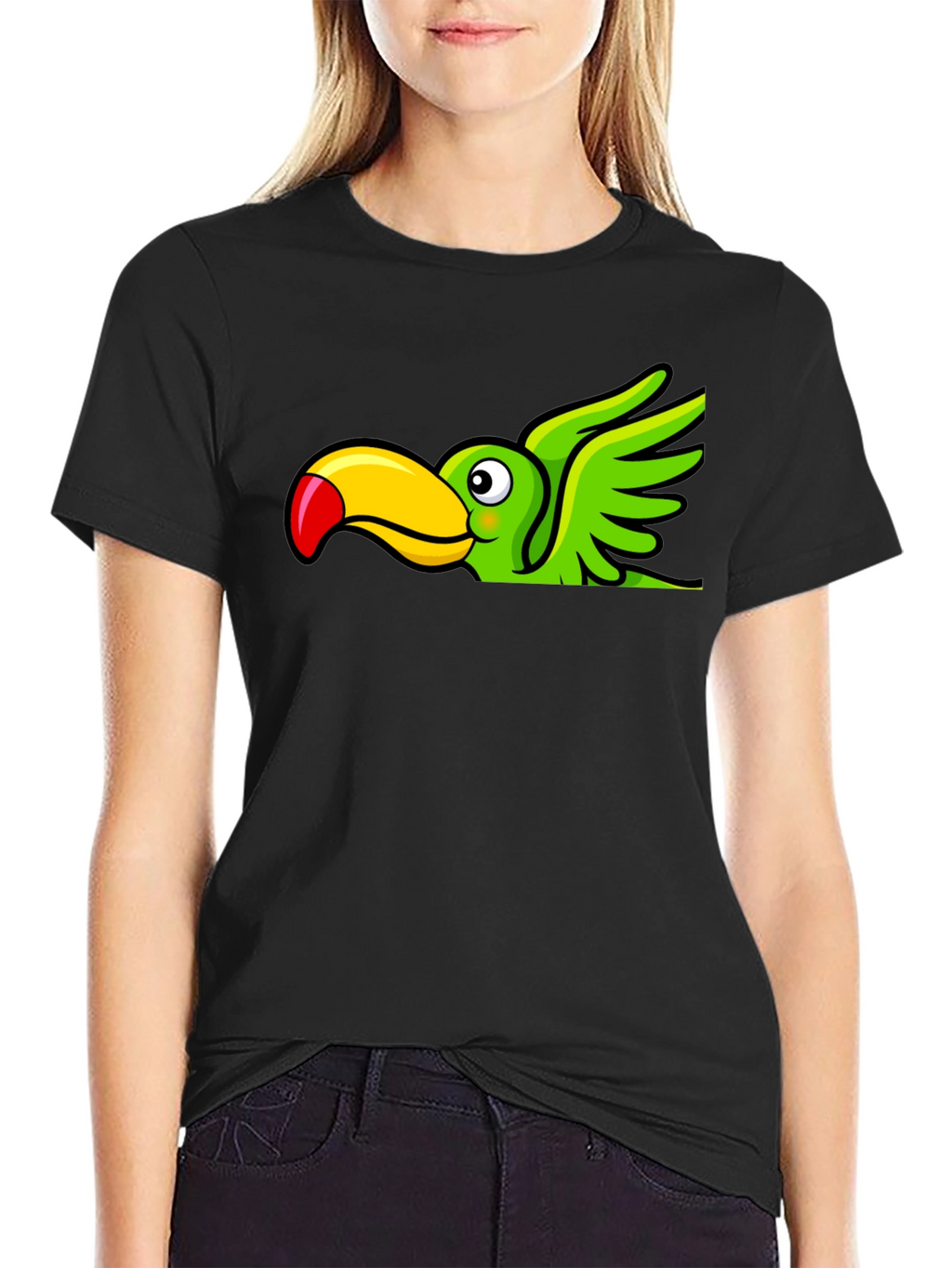 Cartoon Toucan Bird Graphic Tee - Black Cotton Blend