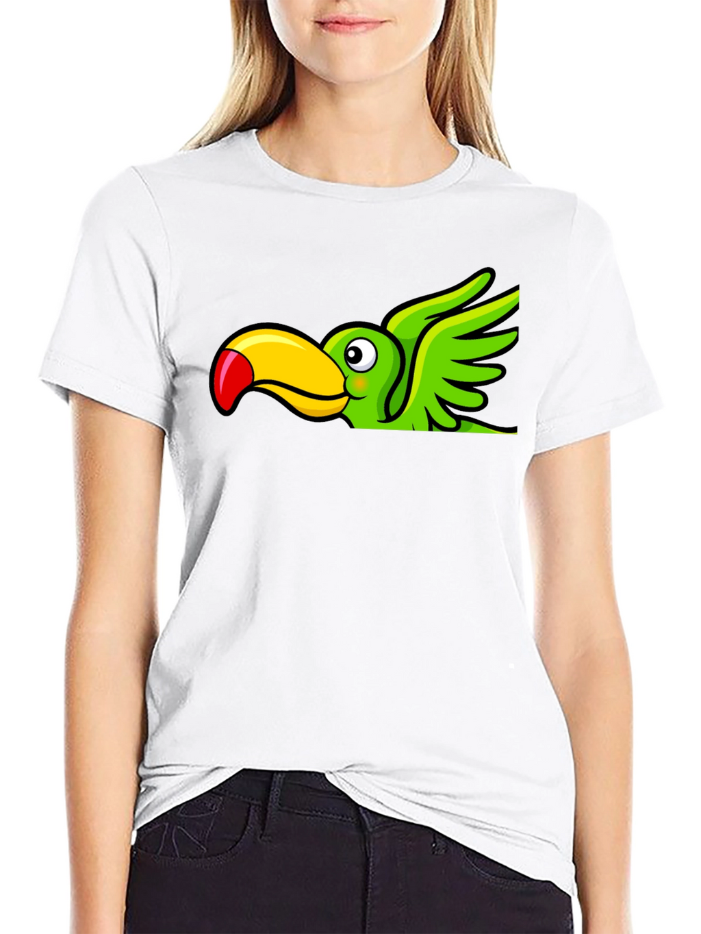 Cartoon Toucan Bird Graphic Tee - Black Cotton Blend