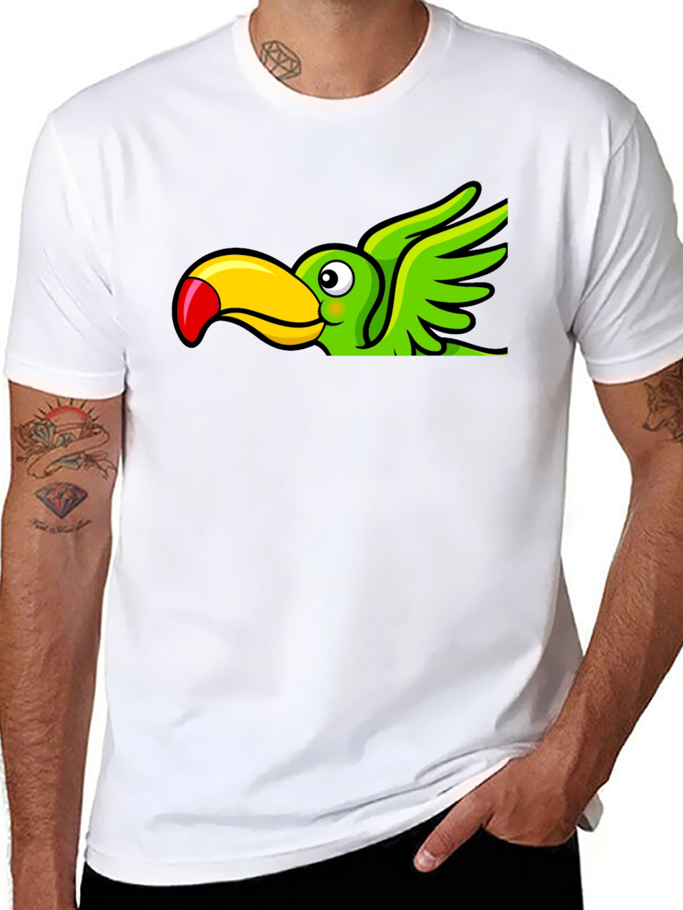 Cartoon Toucan Bird Graphic Tee - Black Cotton Blend