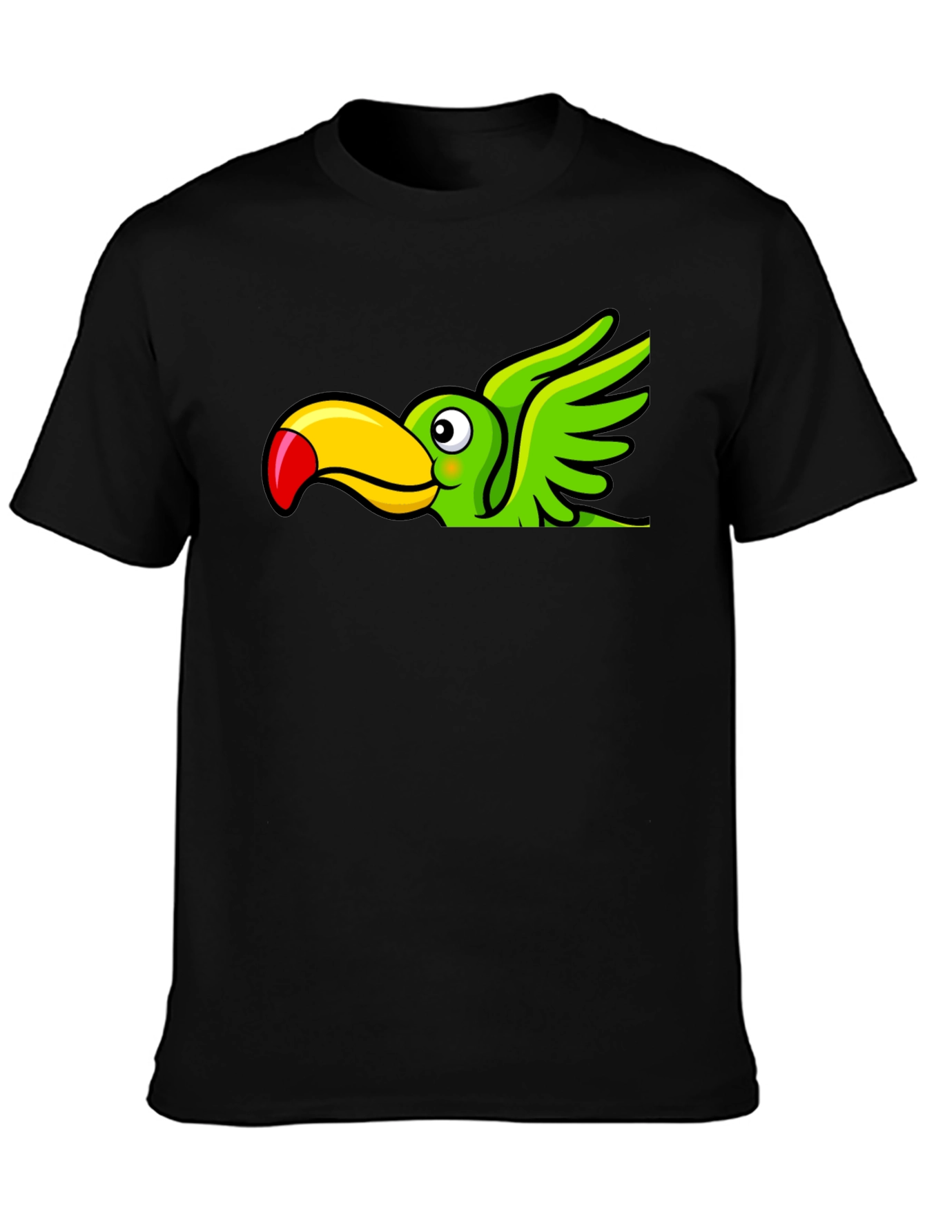Cartoon Toucan Bird Graphic Tee - Black Cotton Blend