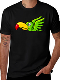 Cartoon Toucan Bird Graphic Tee - Black Cotton Blend