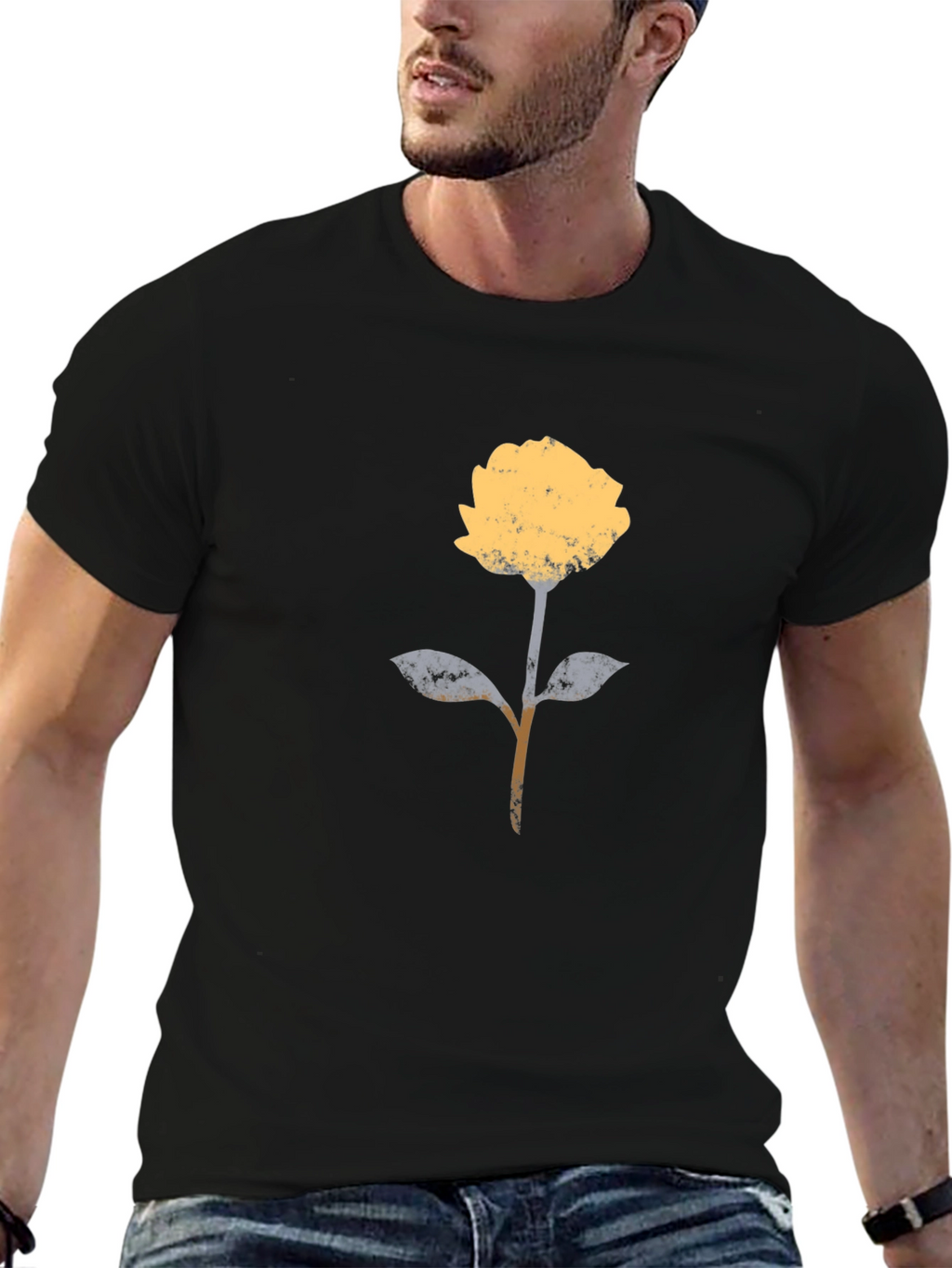 Modern Floral Graphic T-Shirt - Black Cotton Blend