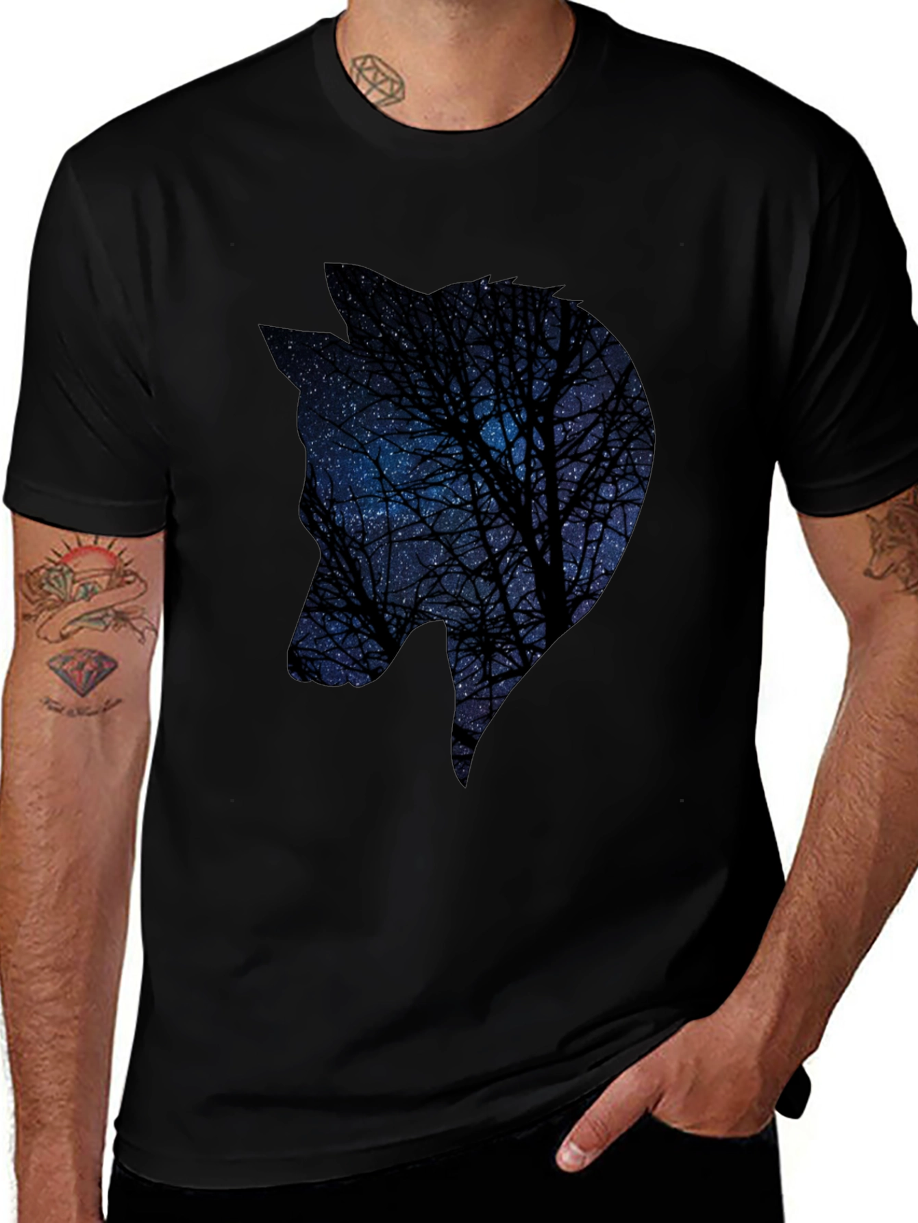 Night Sky Wolf Graphic Tee - Black Cotton Blend