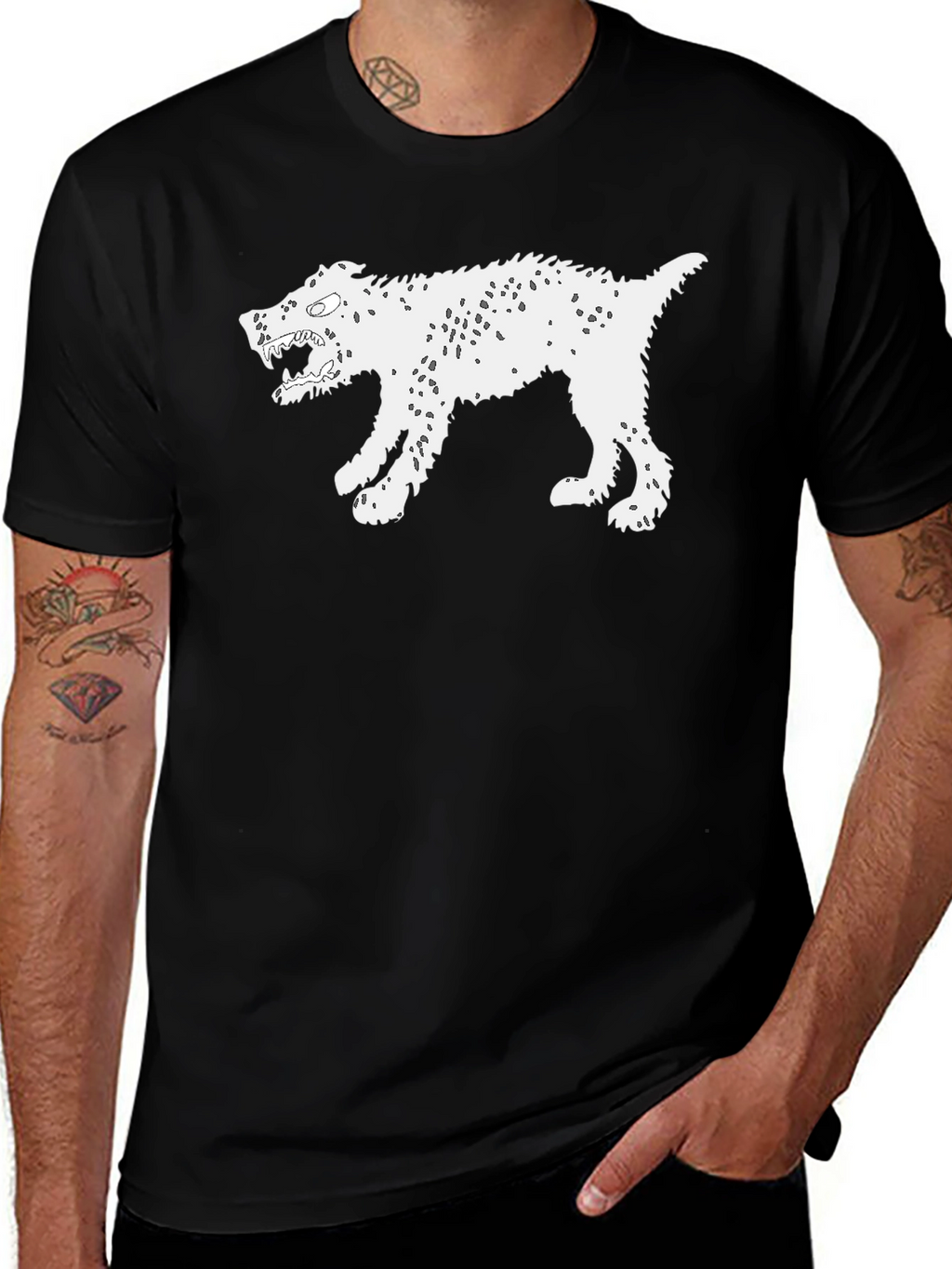 Mens Black T-Shirt with White Monster Dog Graphic