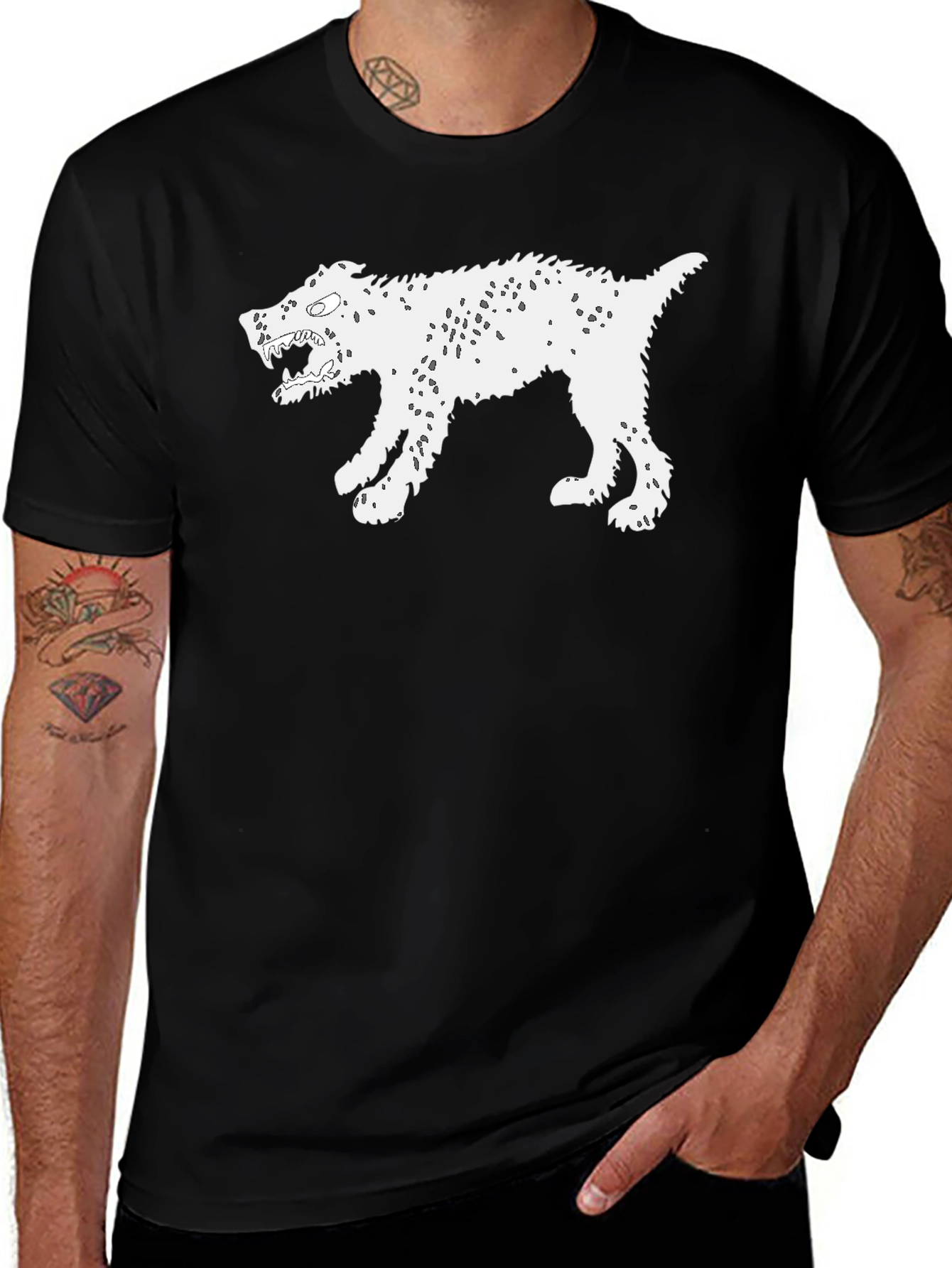 Mens Black T-Shirt with White Monster Dog Graphic