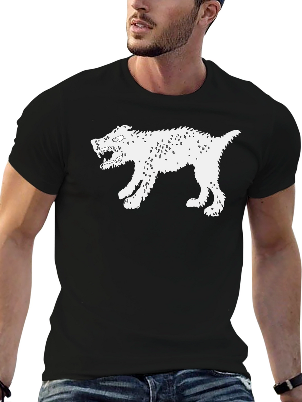 Mens Black T-Shirt with White Monster Dog Graphic