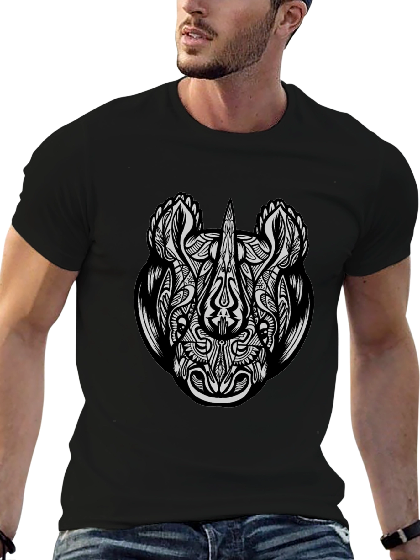 Tribal Rhino Graphic Tee - Black Cotton T-Shirt