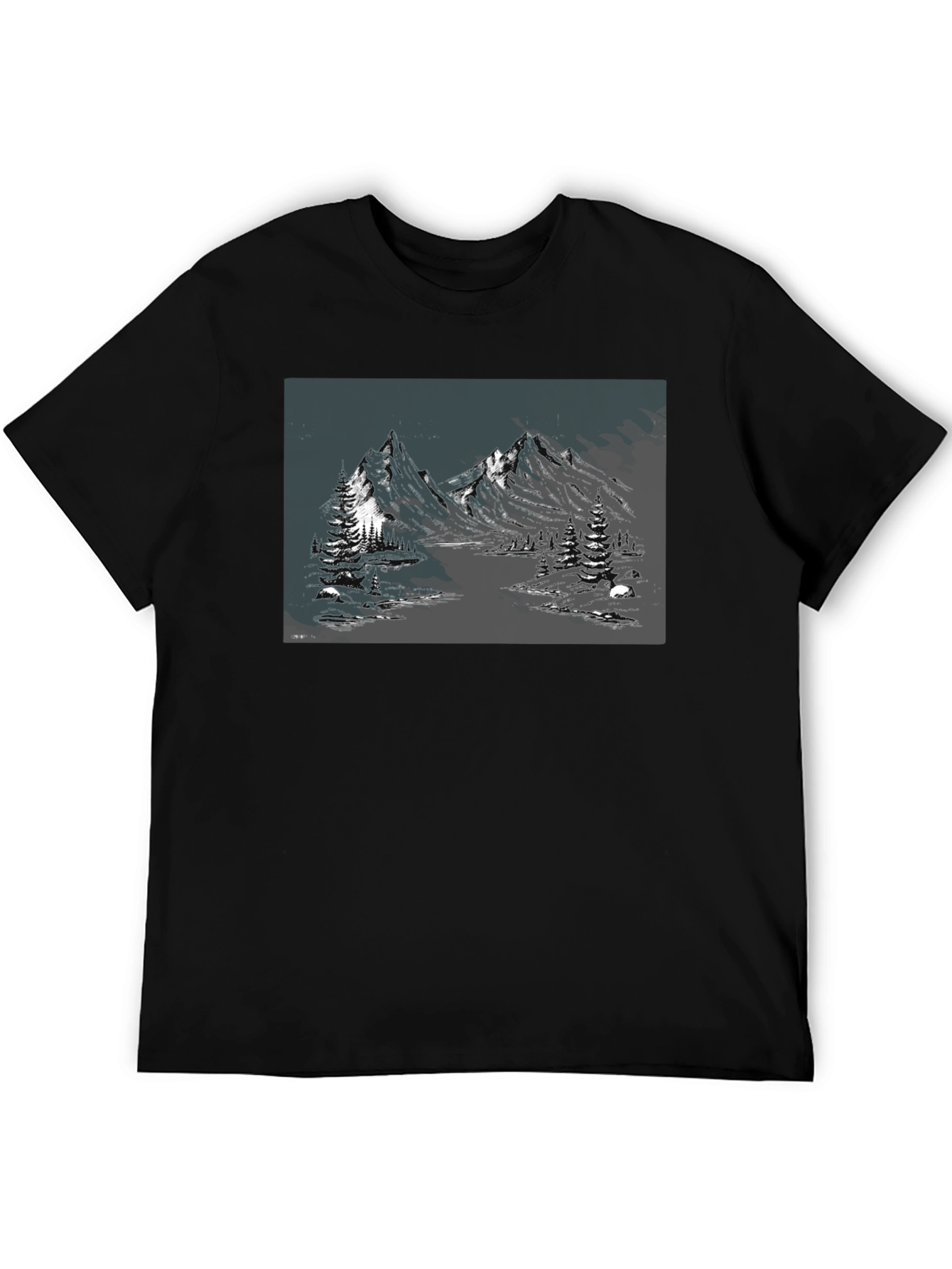Mountain Landscape Graphic Tee - Black Cotton Blend