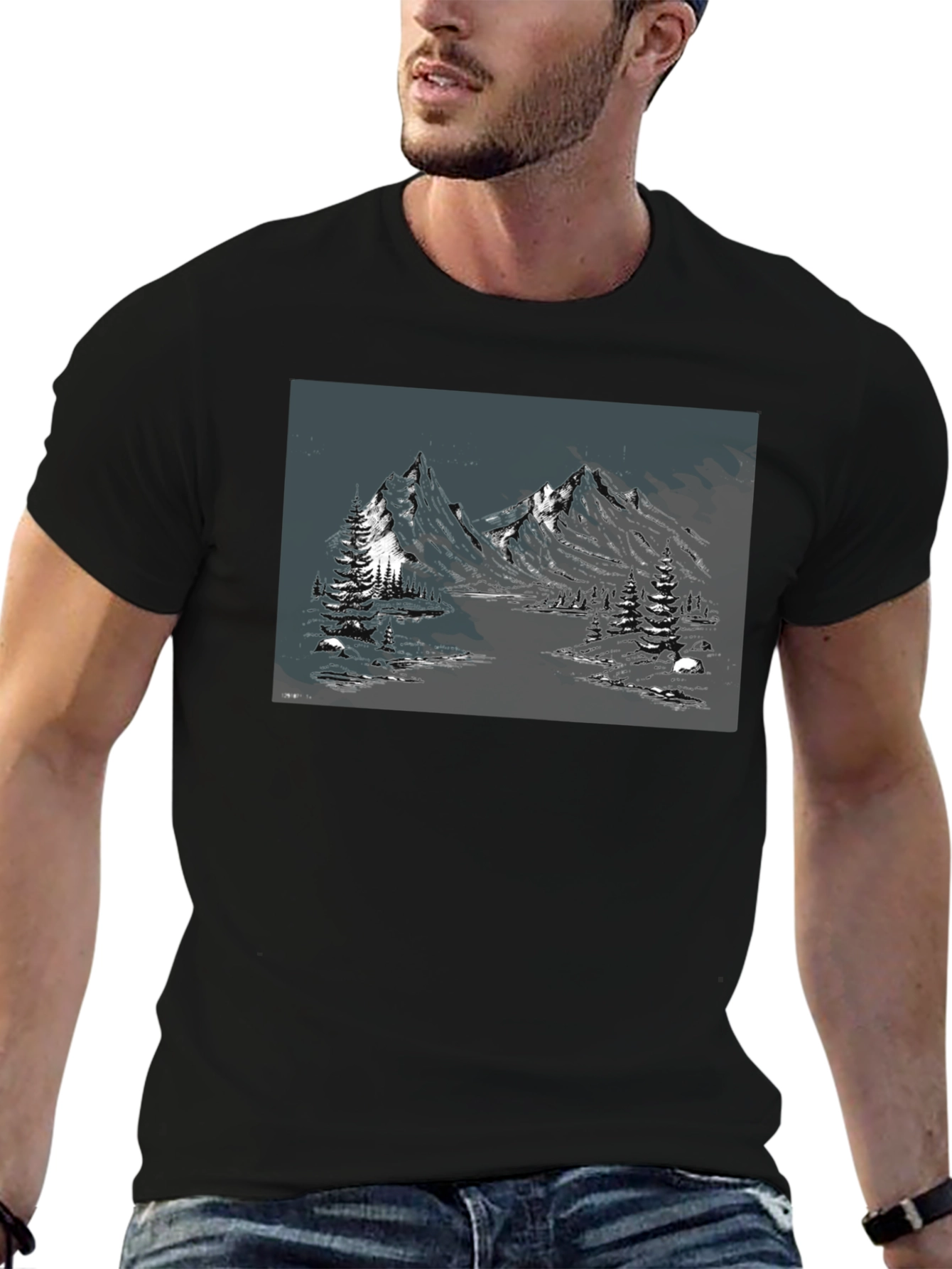 Mountain Landscape Graphic Tee - Black Cotton Blend