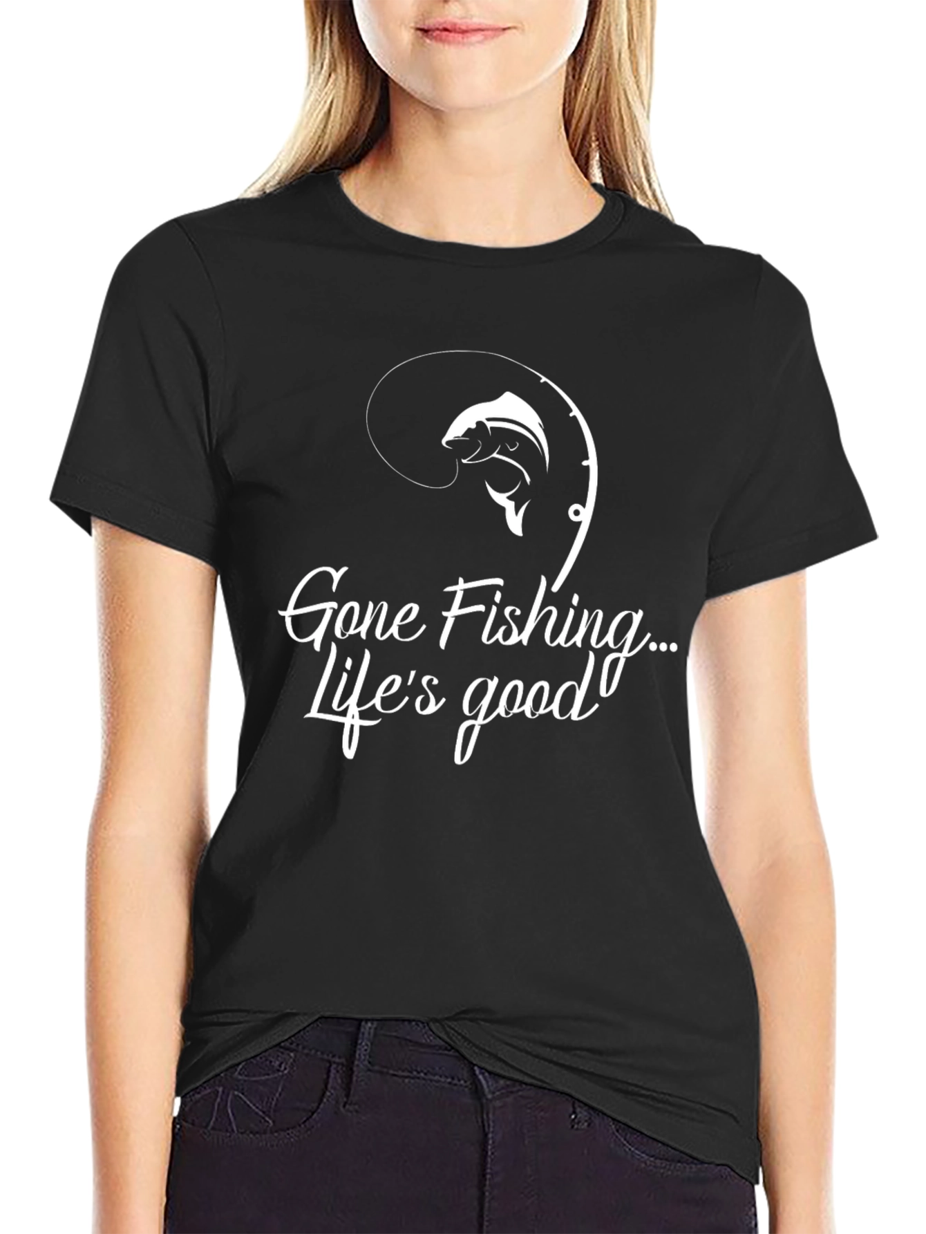 Gone Fishing Lifes Good Black Graphic Tee