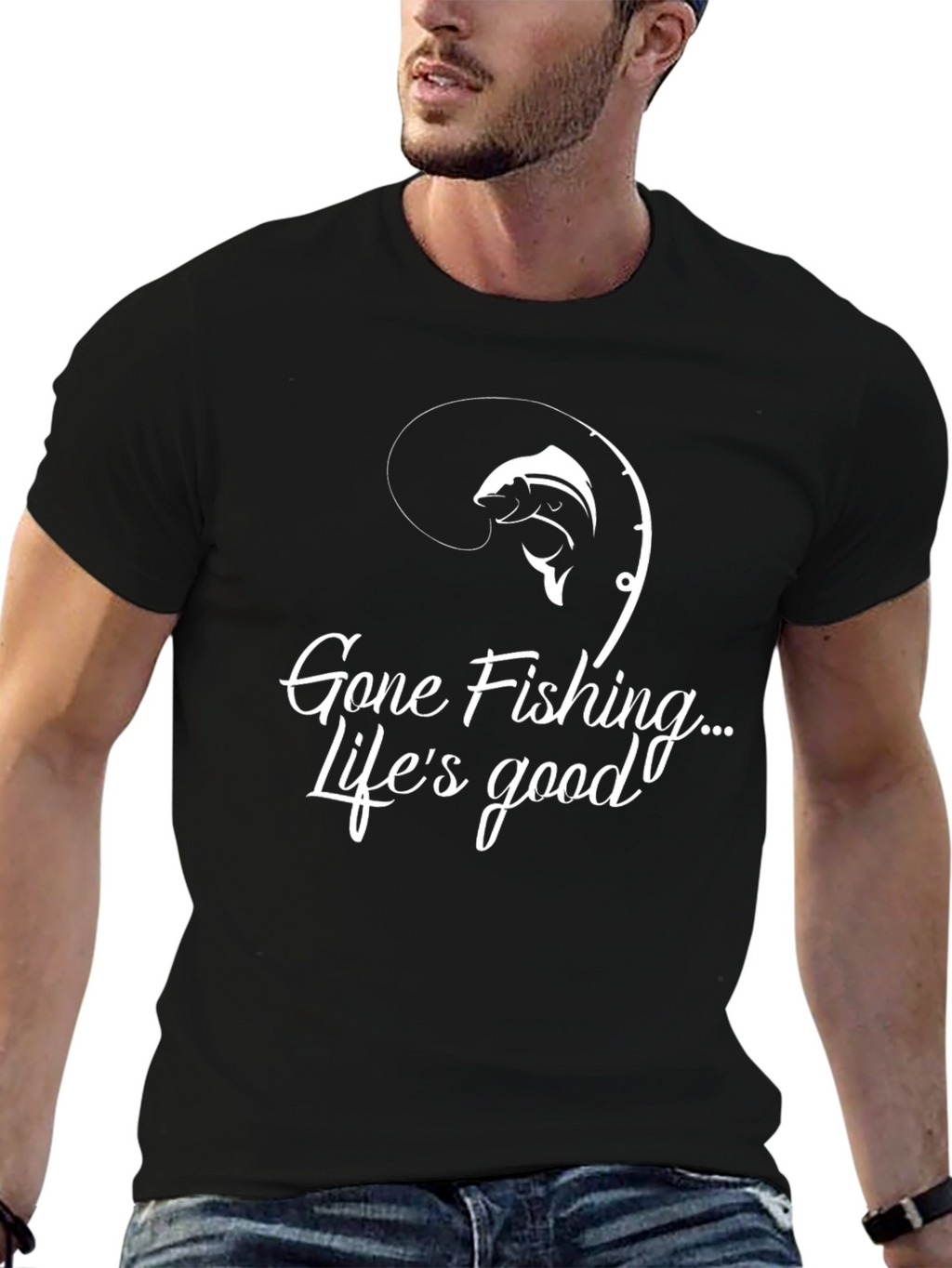 Gone Fishing Lifes Good Black Graphic Tee