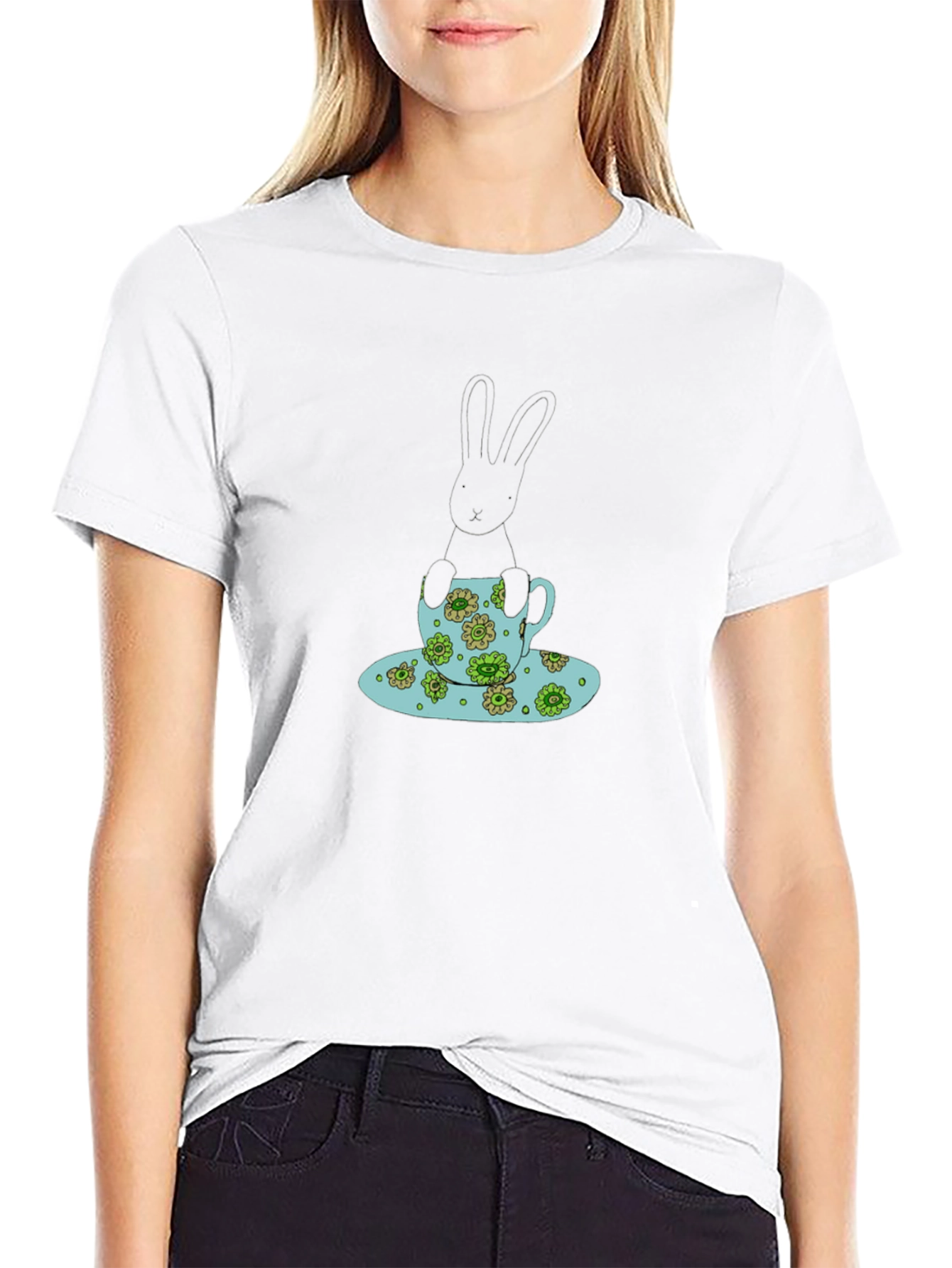 Bunny in Teacup Black T-Shirt