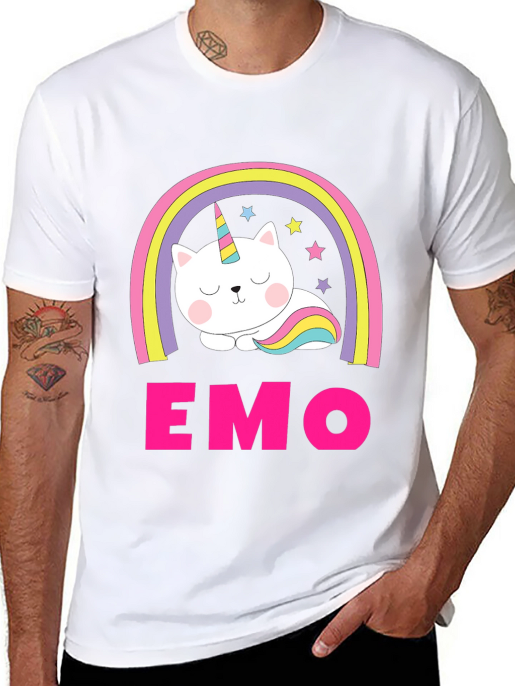 Emo Cat Unicorn Rainbow Graphic T-Shirt