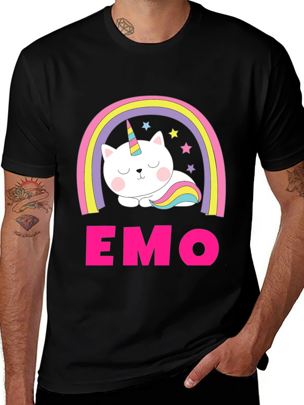 Emo Cat Unicorn Rainbow Graphic T-Shirt