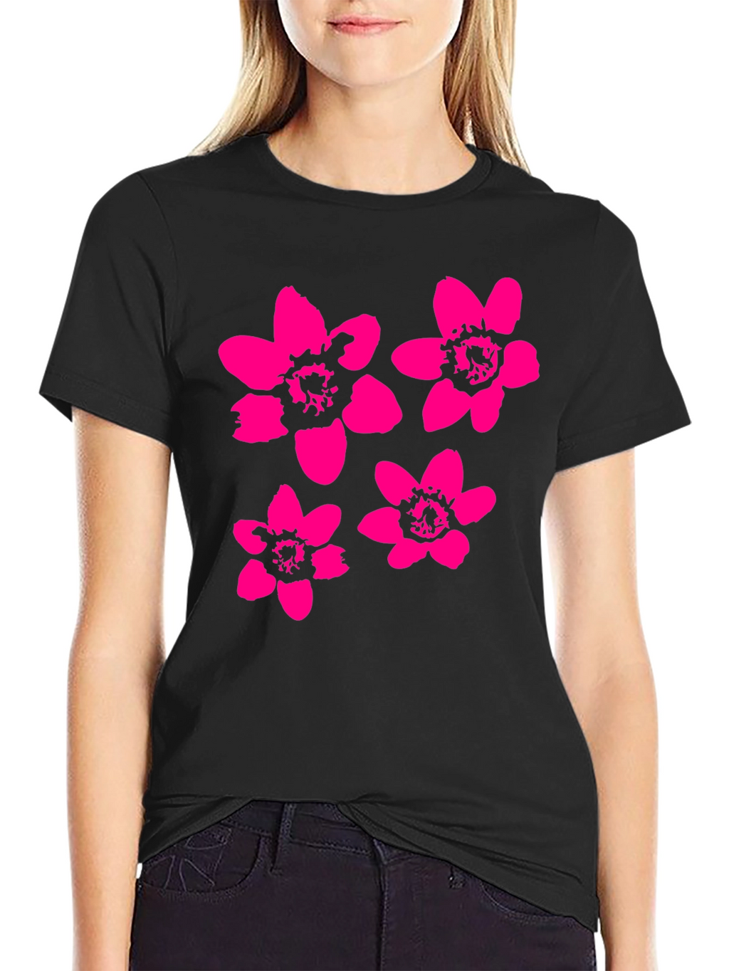 Black T-Shirt with Pink Flower Print