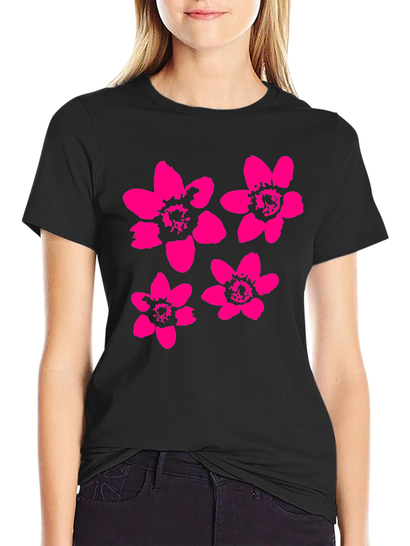 Black T-Shirt with Pink Flower Print