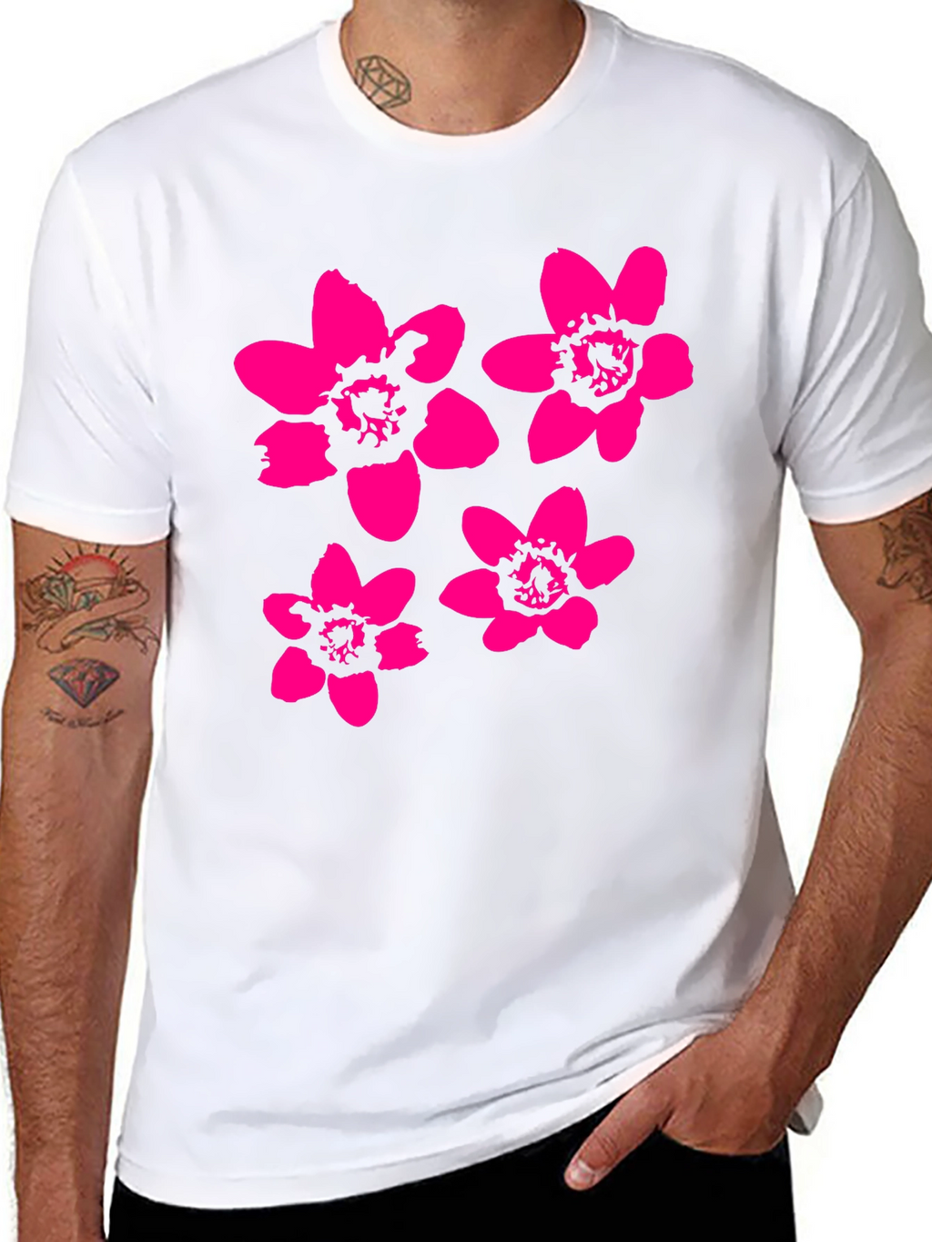 Black T-Shirt with Pink Flower Print