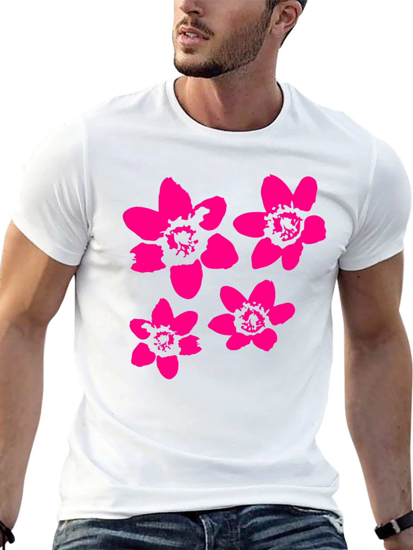 Black T-Shirt with Pink Flower Print
