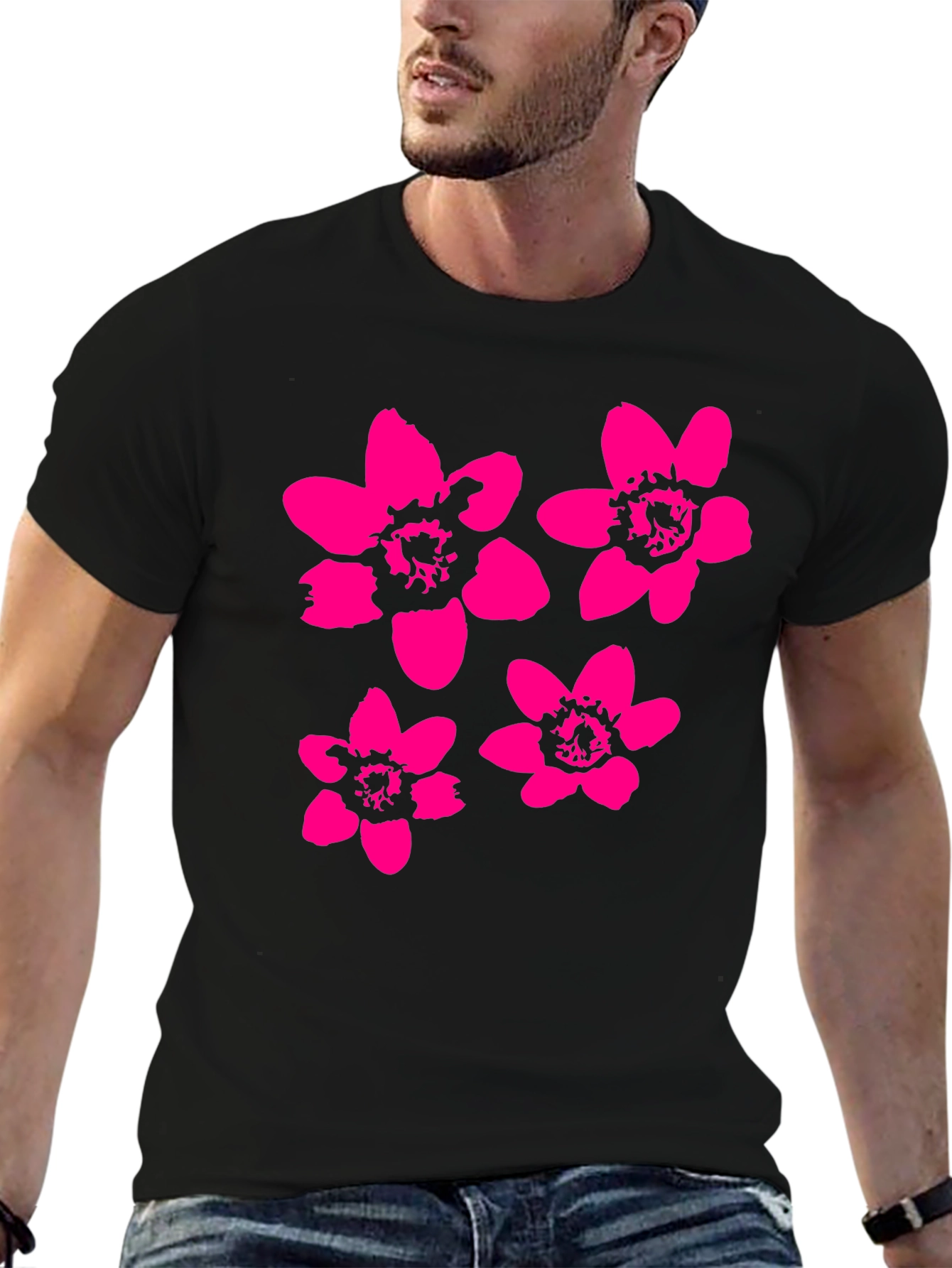 Black T-Shirt with Pink Flower Print