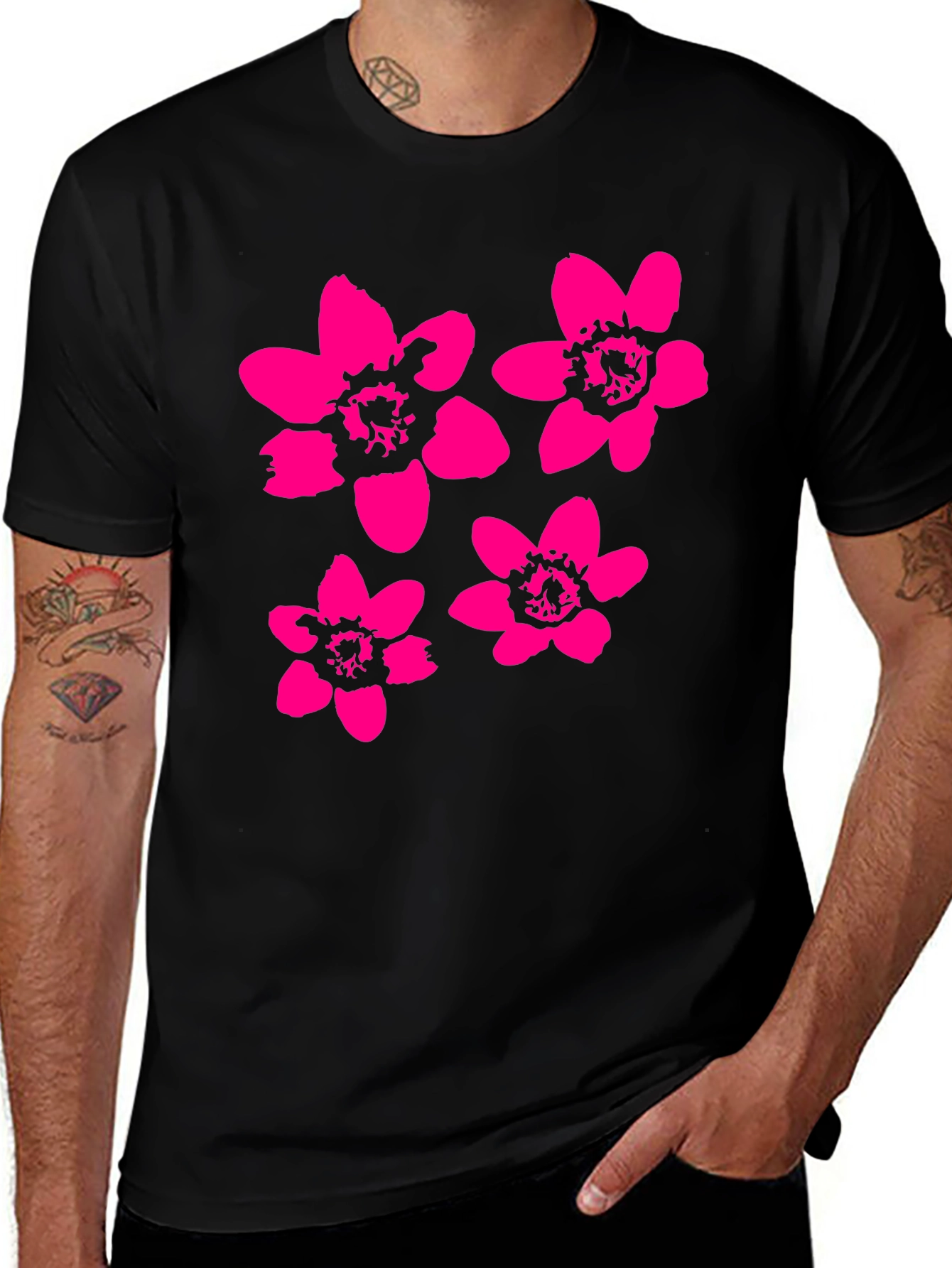 Black T-Shirt with Pink Flower Print