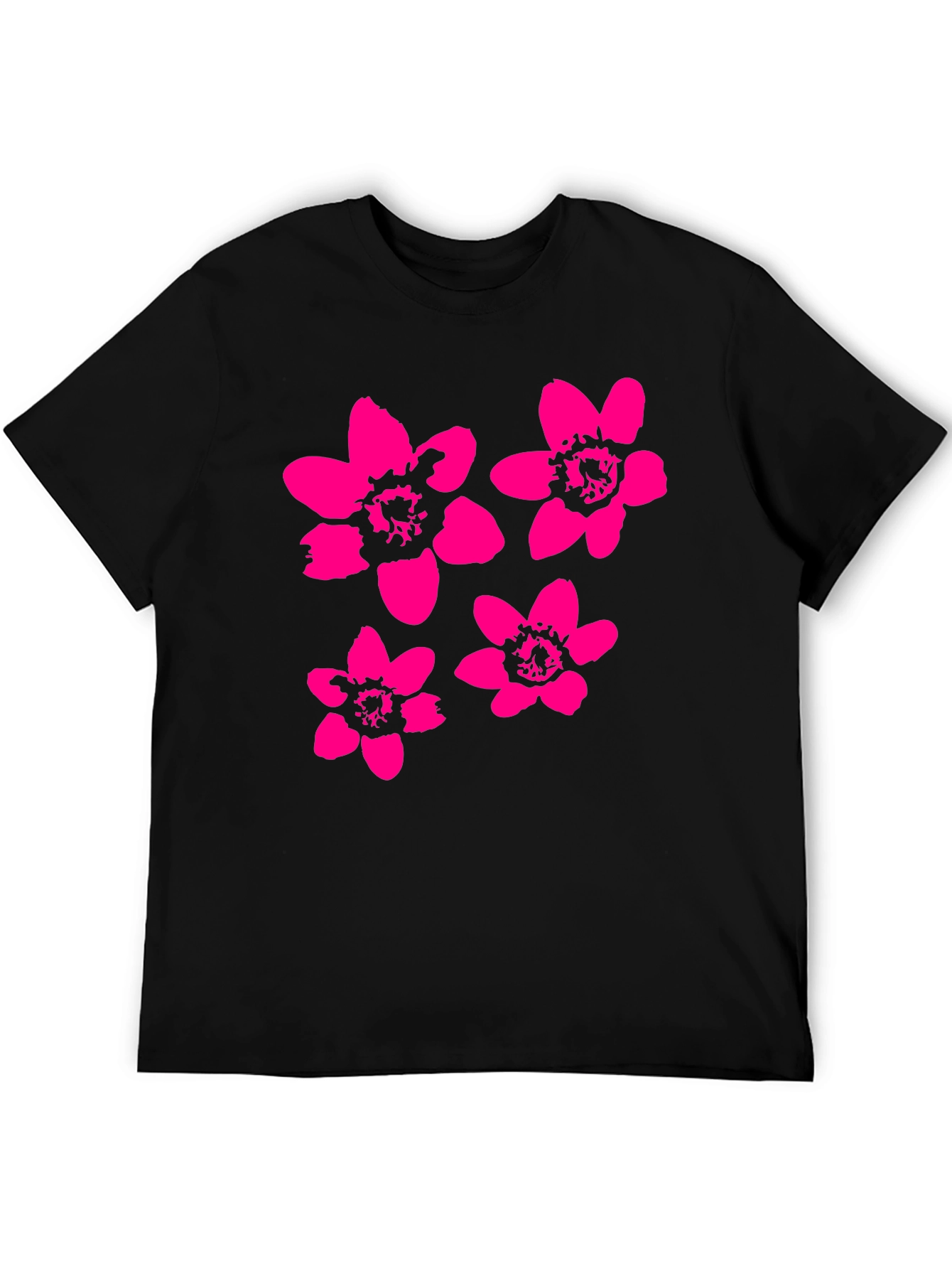 Black T-Shirt with Pink Flower Print