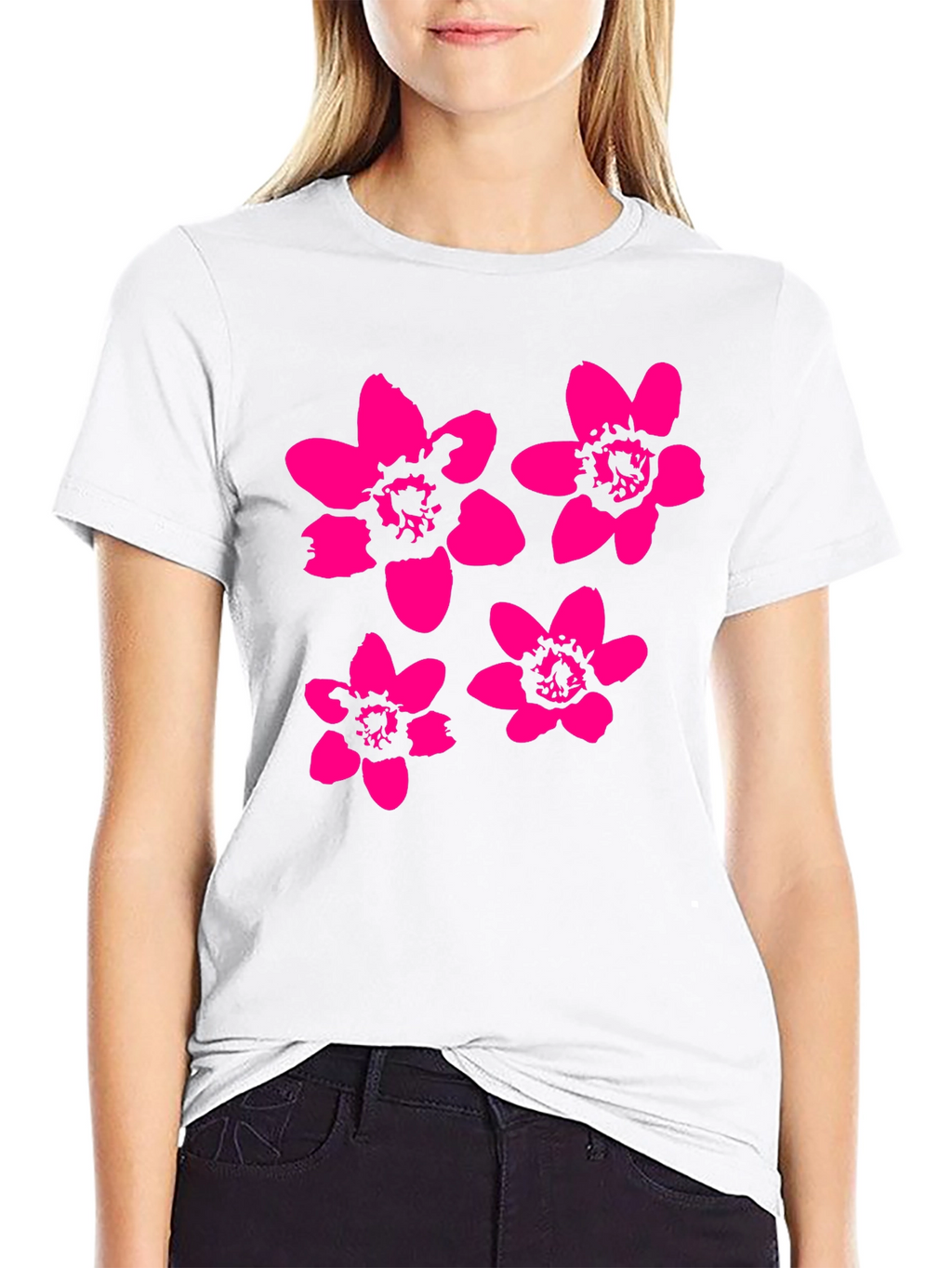 Black T-Shirt with Pink Flower Print
