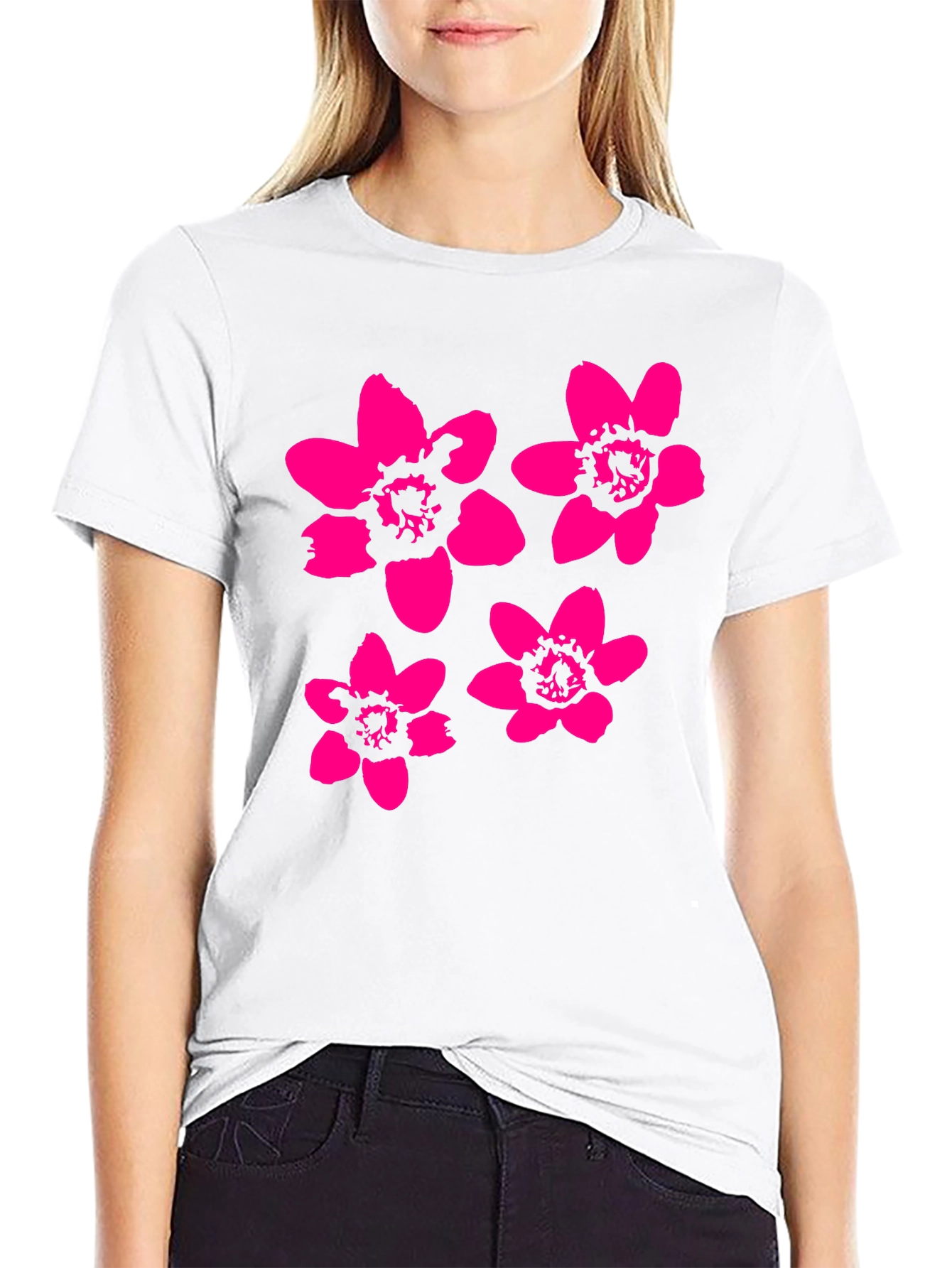 Black T-Shirt with Pink Flower Print