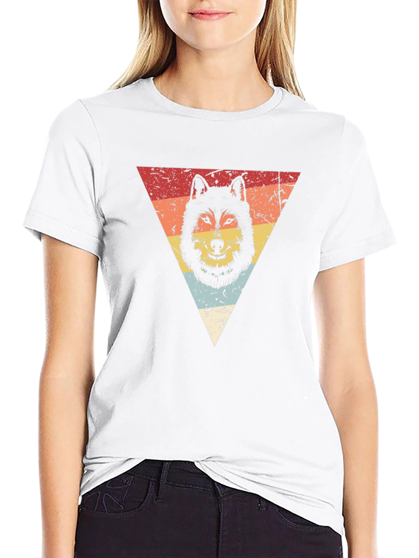 Retro Wolf Triangle Graphic Tee - Black