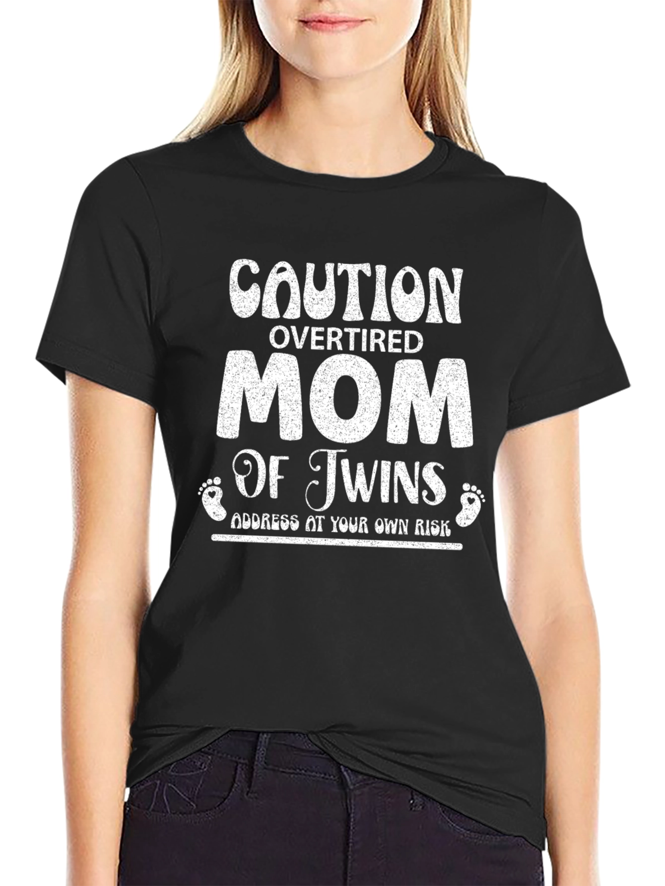 Caution Overtired Mom of Twins Black T-Shirt