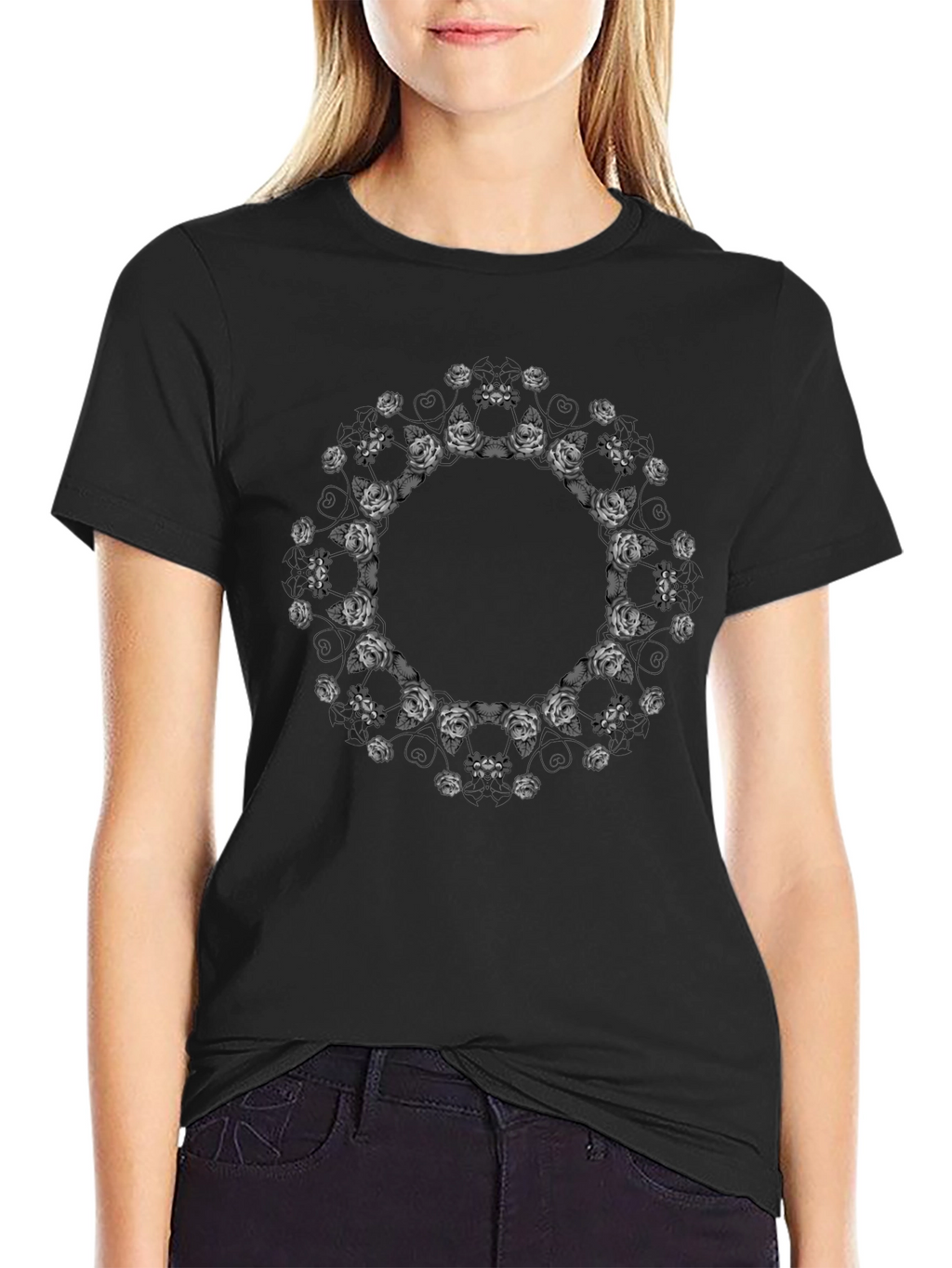 Floral Mandala Print Black T-Shirt