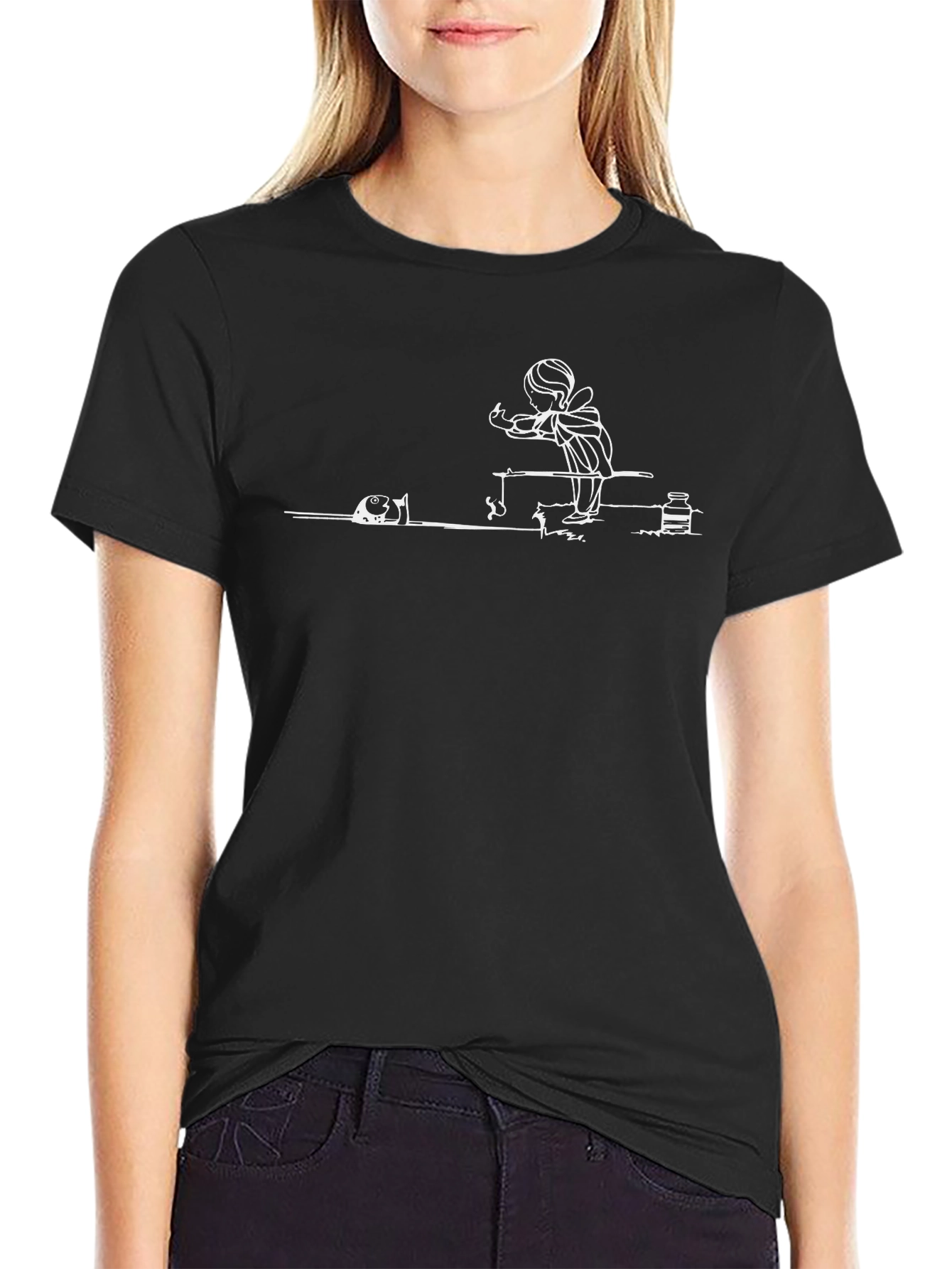 Black T-Shirt with Fishing Scene Design