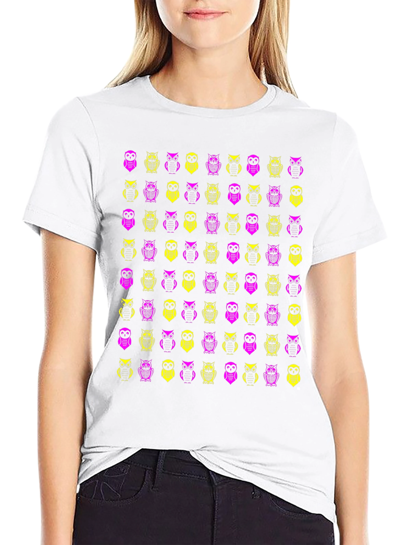 Owl Pattern Graphic Tee - Black Cotton T-Shirt