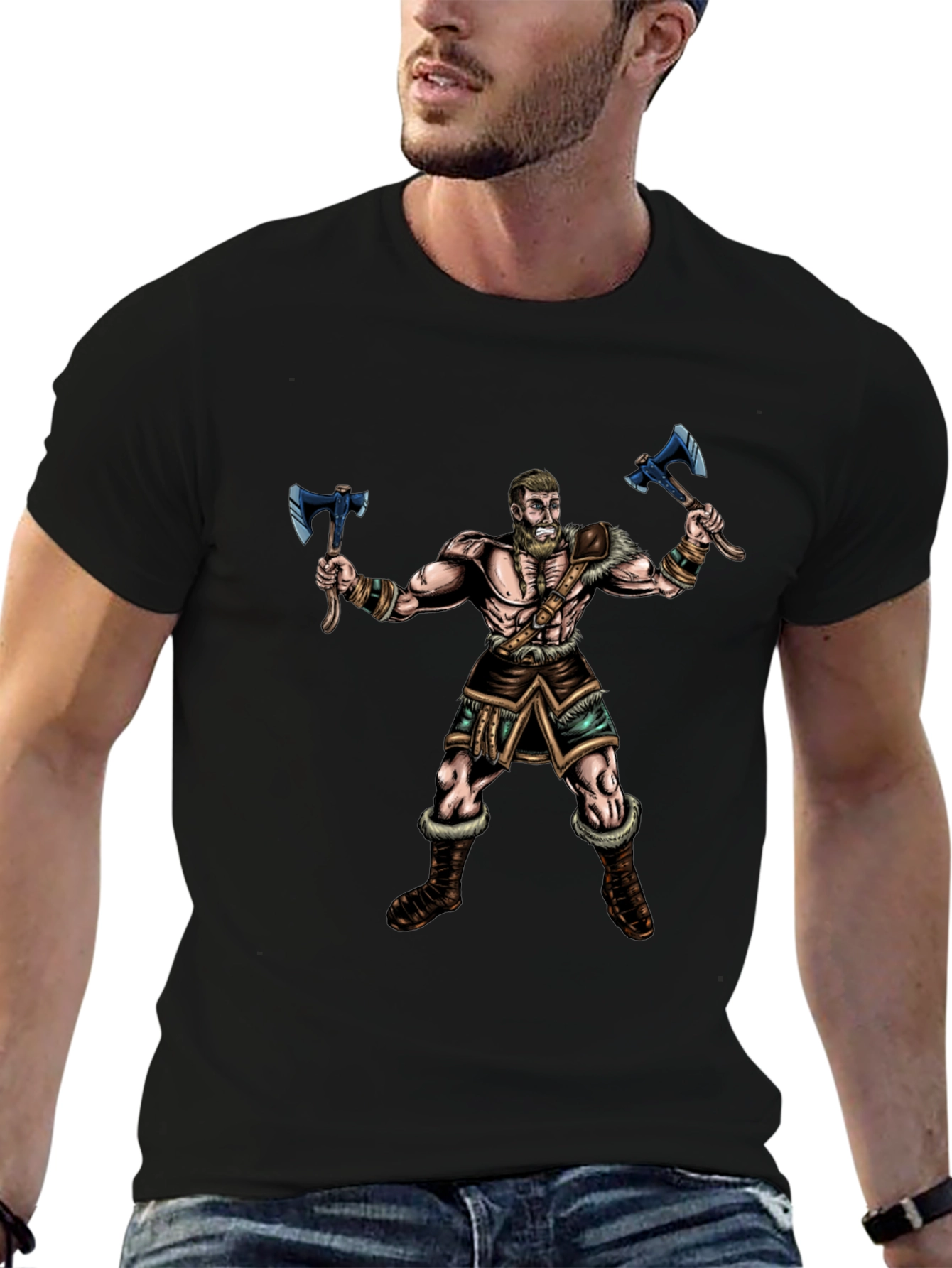 Viking Warrior Graphic Tee - Black Cotton Shirt