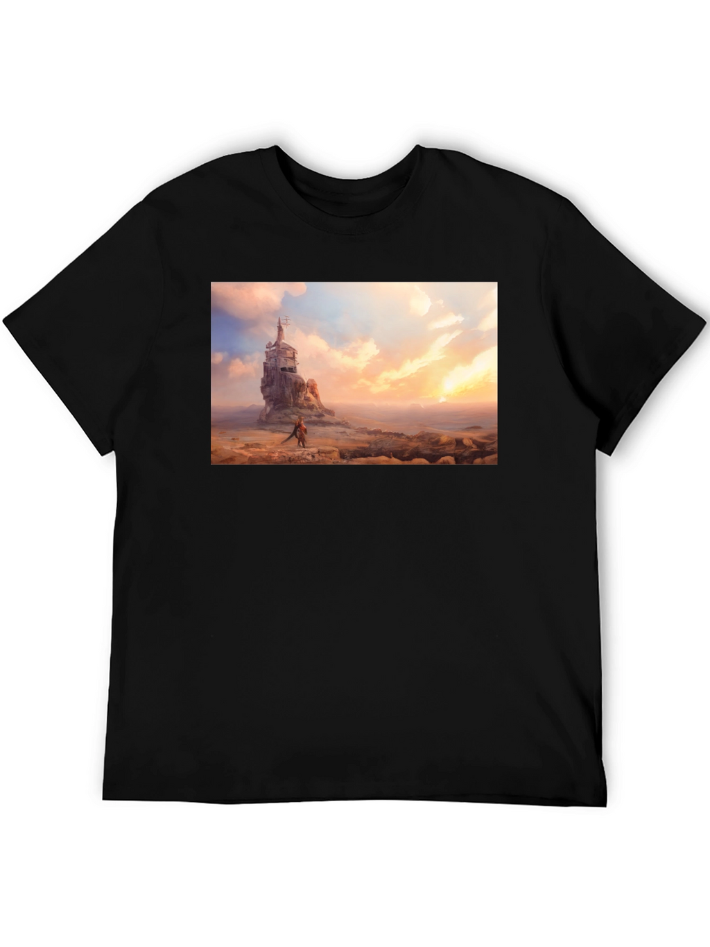 Artistic Black T-Shirt - Seaside Castle Print