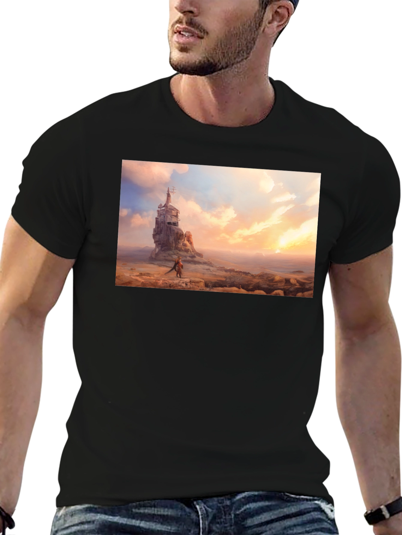 Artistic Black T-Shirt - Seaside Castle Print