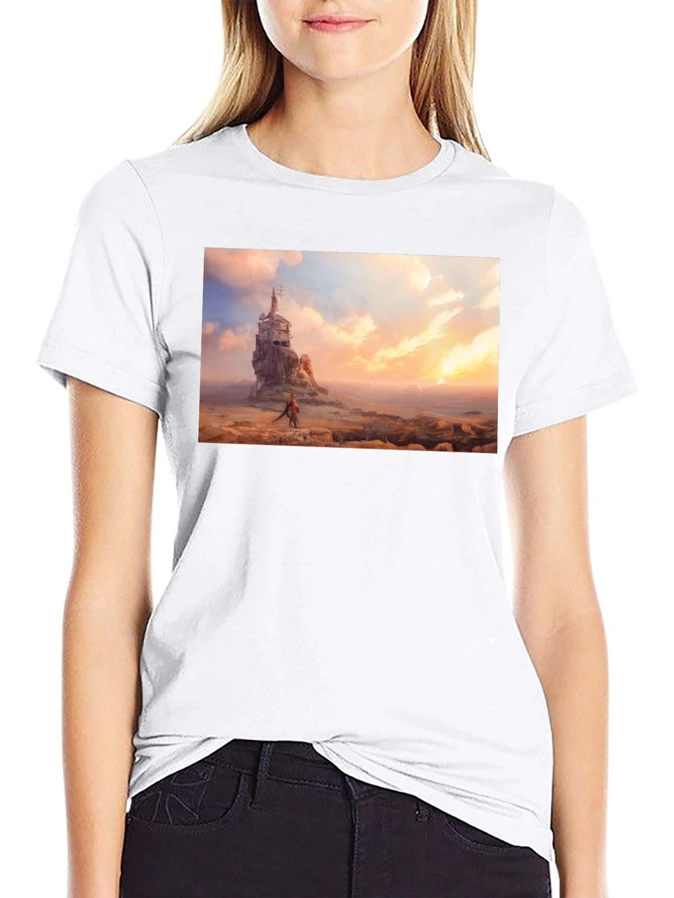 Artistic Black T-Shirt - Seaside Castle Print