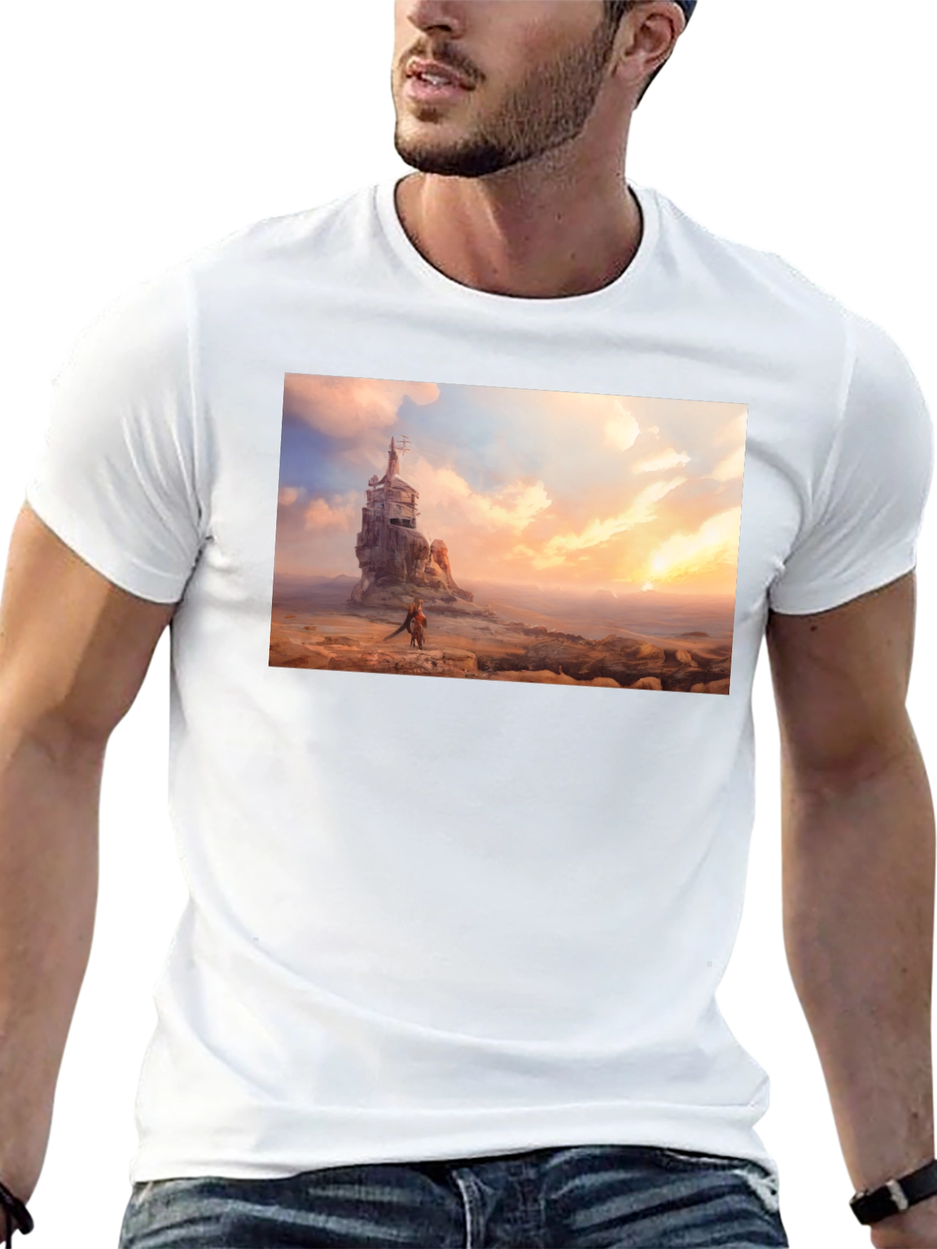 Artistic Black T-Shirt - Seaside Castle Print