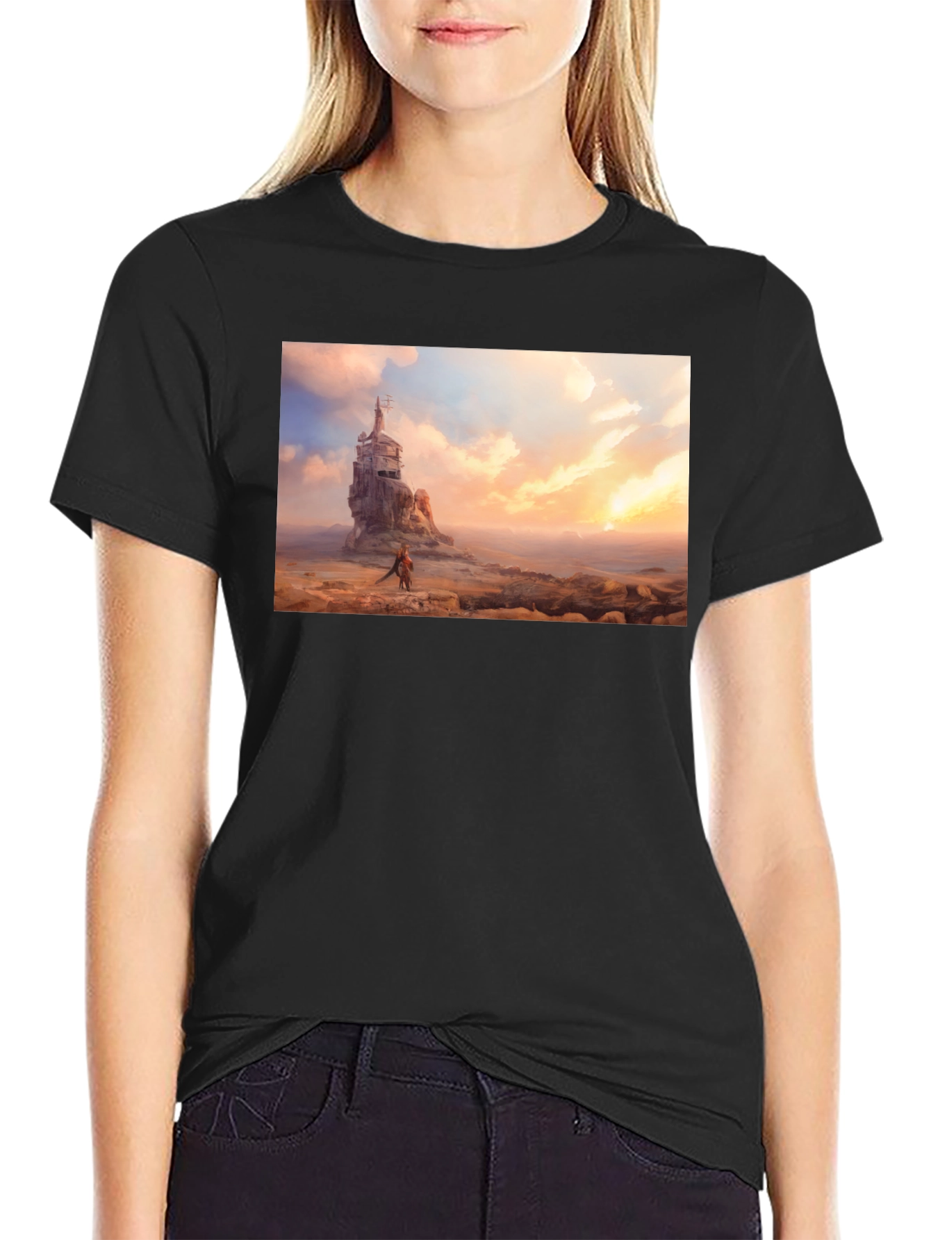Artistic Black T-Shirt - Seaside Castle Print