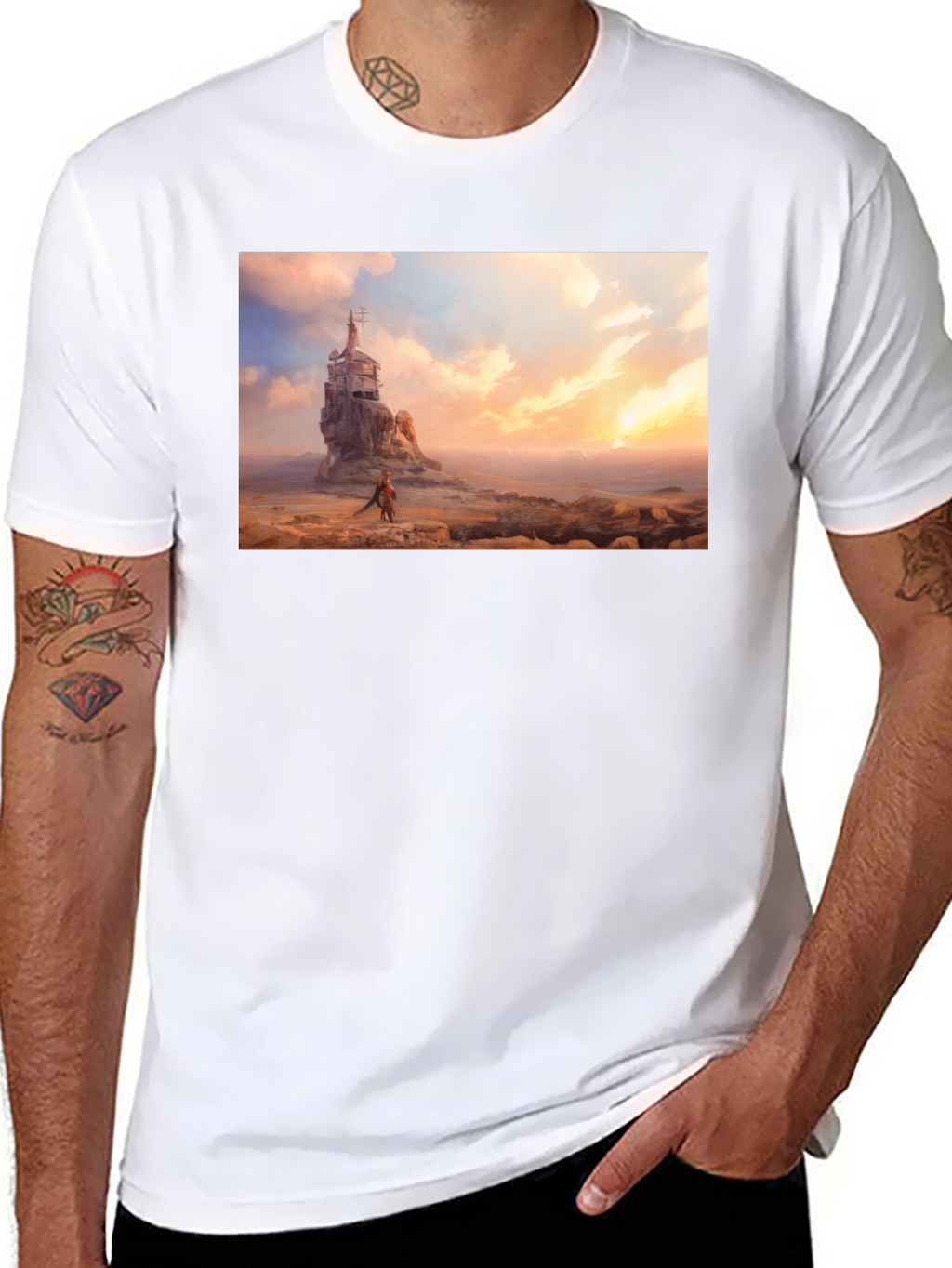 Artistic Black T-Shirt - Seaside Castle Print