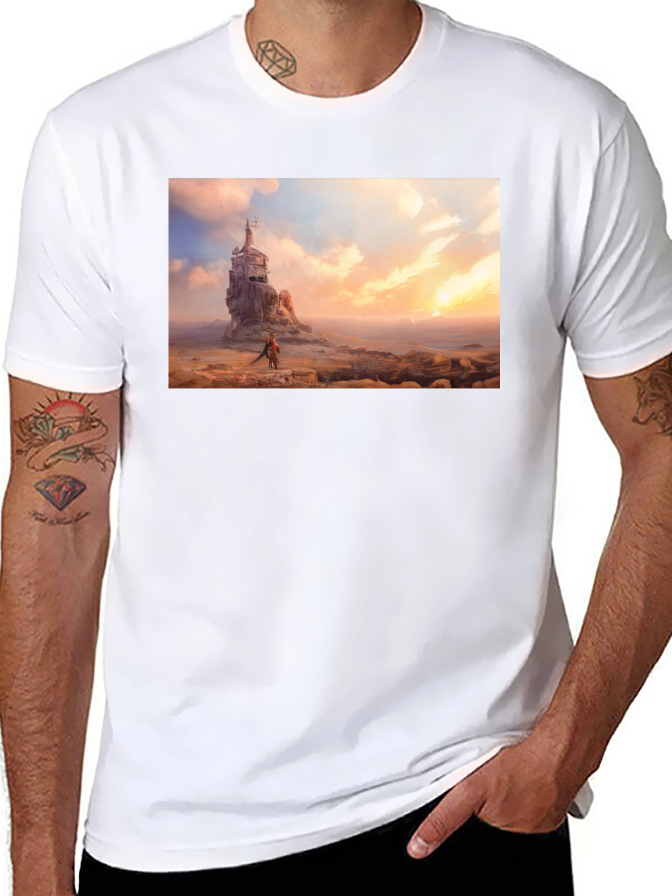 Artistic Black T-Shirt - Seaside Castle Print