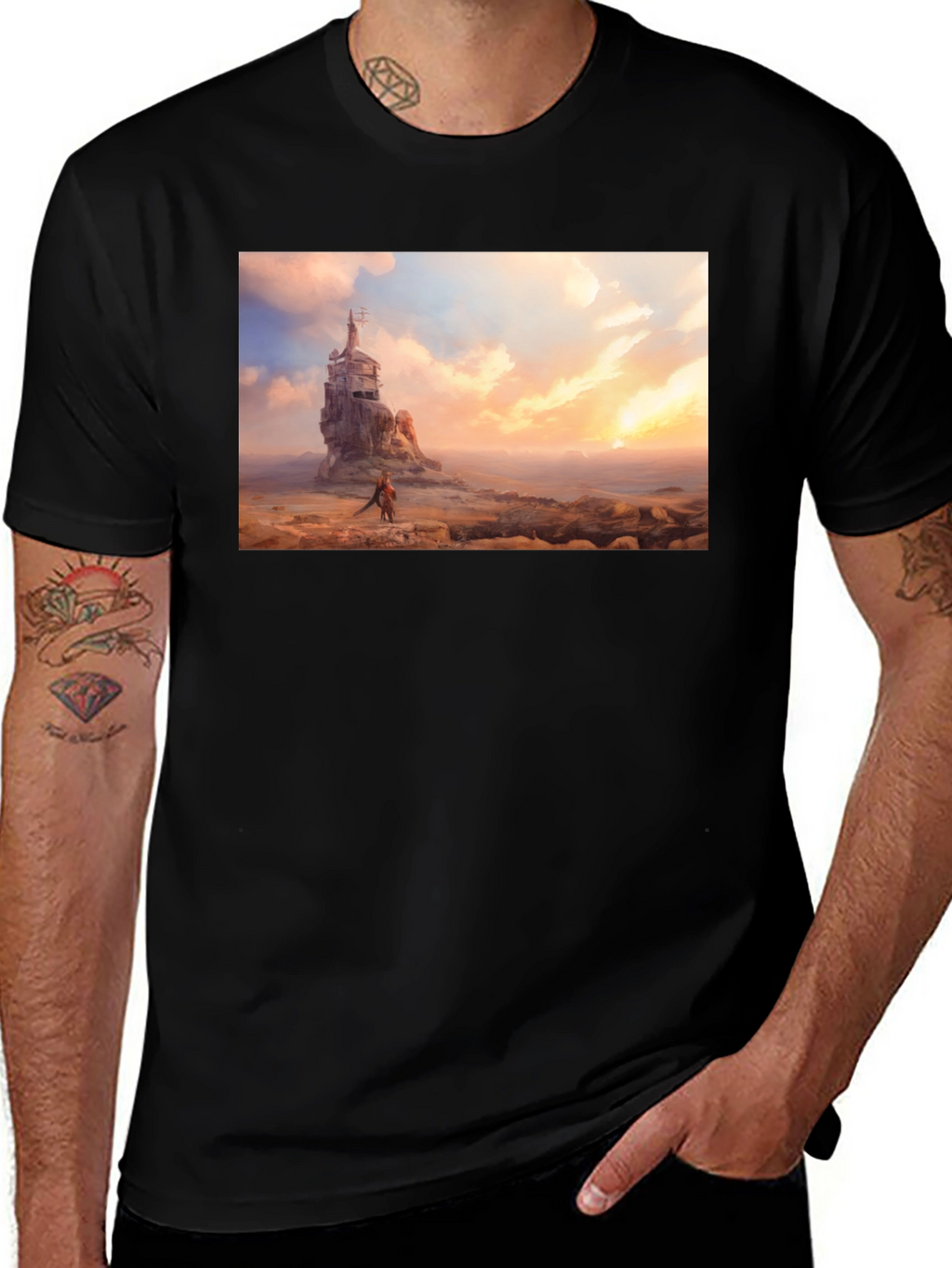 Artistic Black T-Shirt - Seaside Castle Print