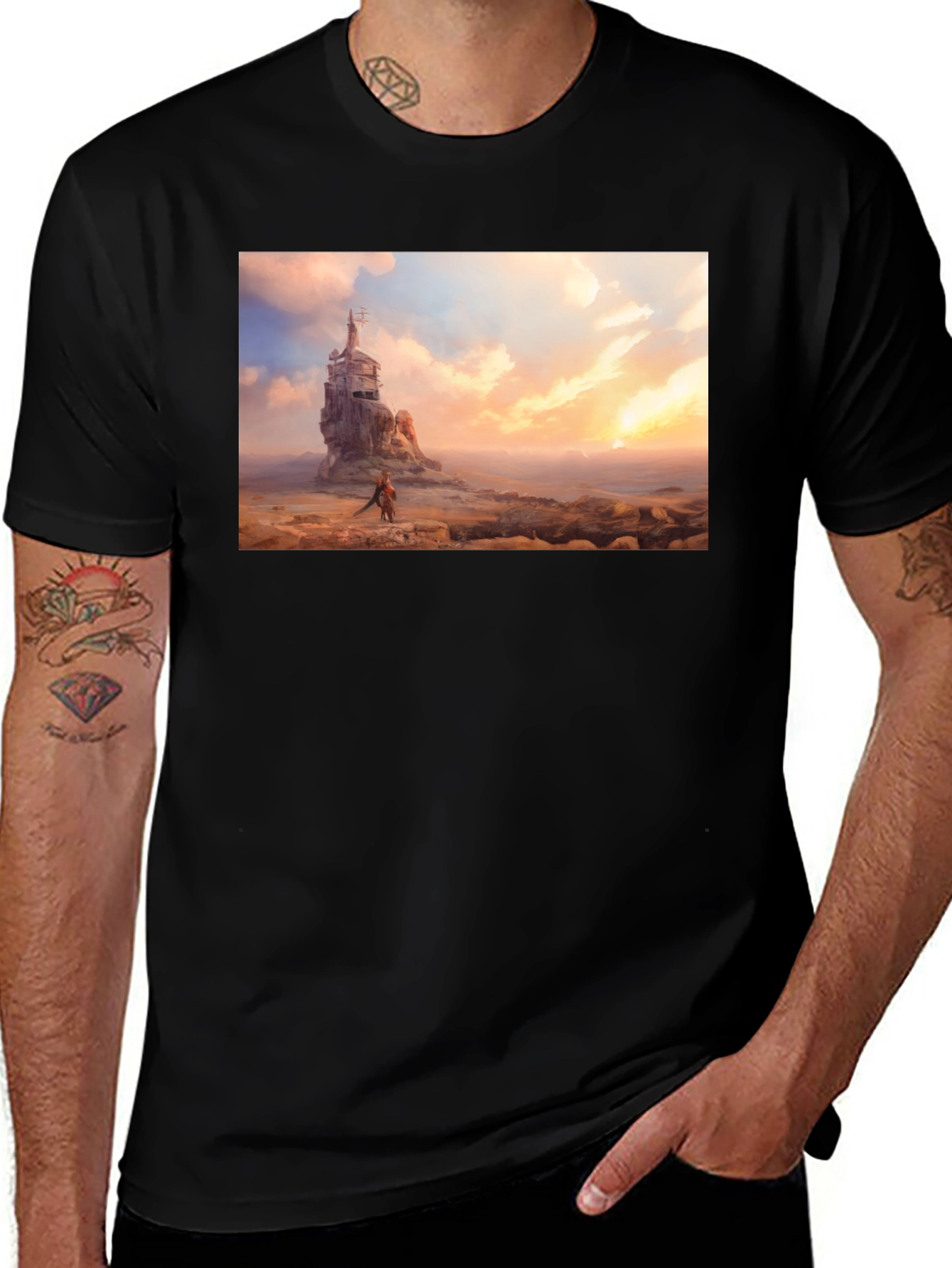 Artistic Black T-Shirt - Seaside Castle Print