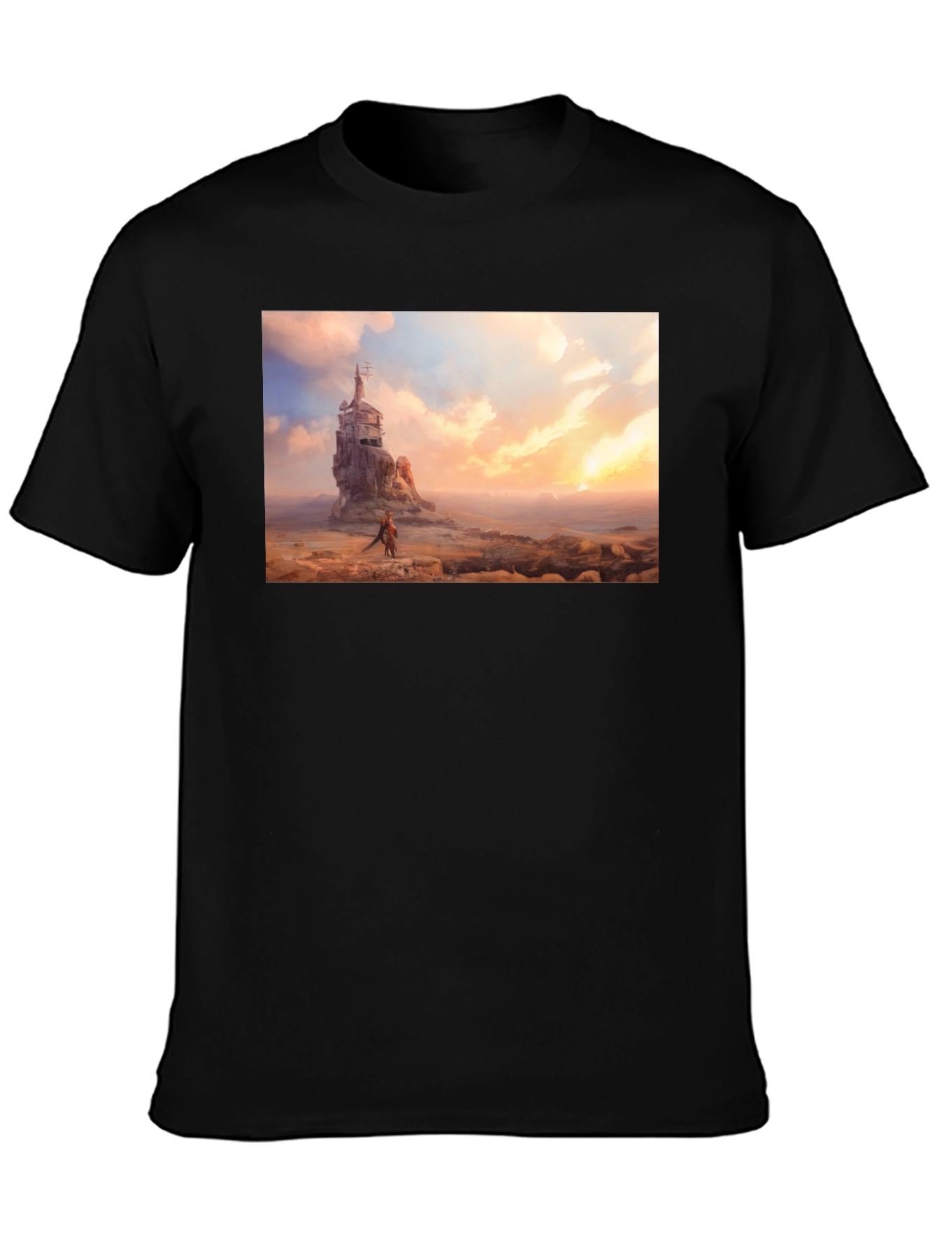 Artistic Black T-Shirt - Seaside Castle Print