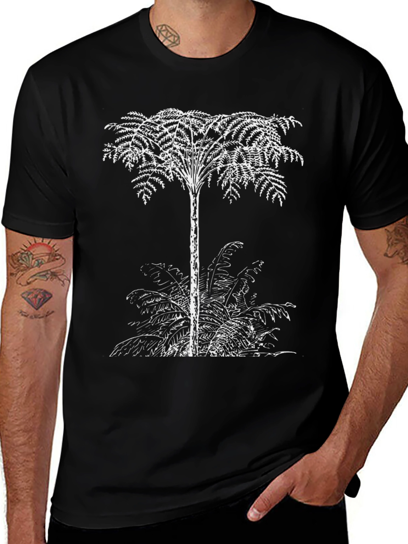 Fern Tree Graphic Tee - Black Cotton T-Shirt